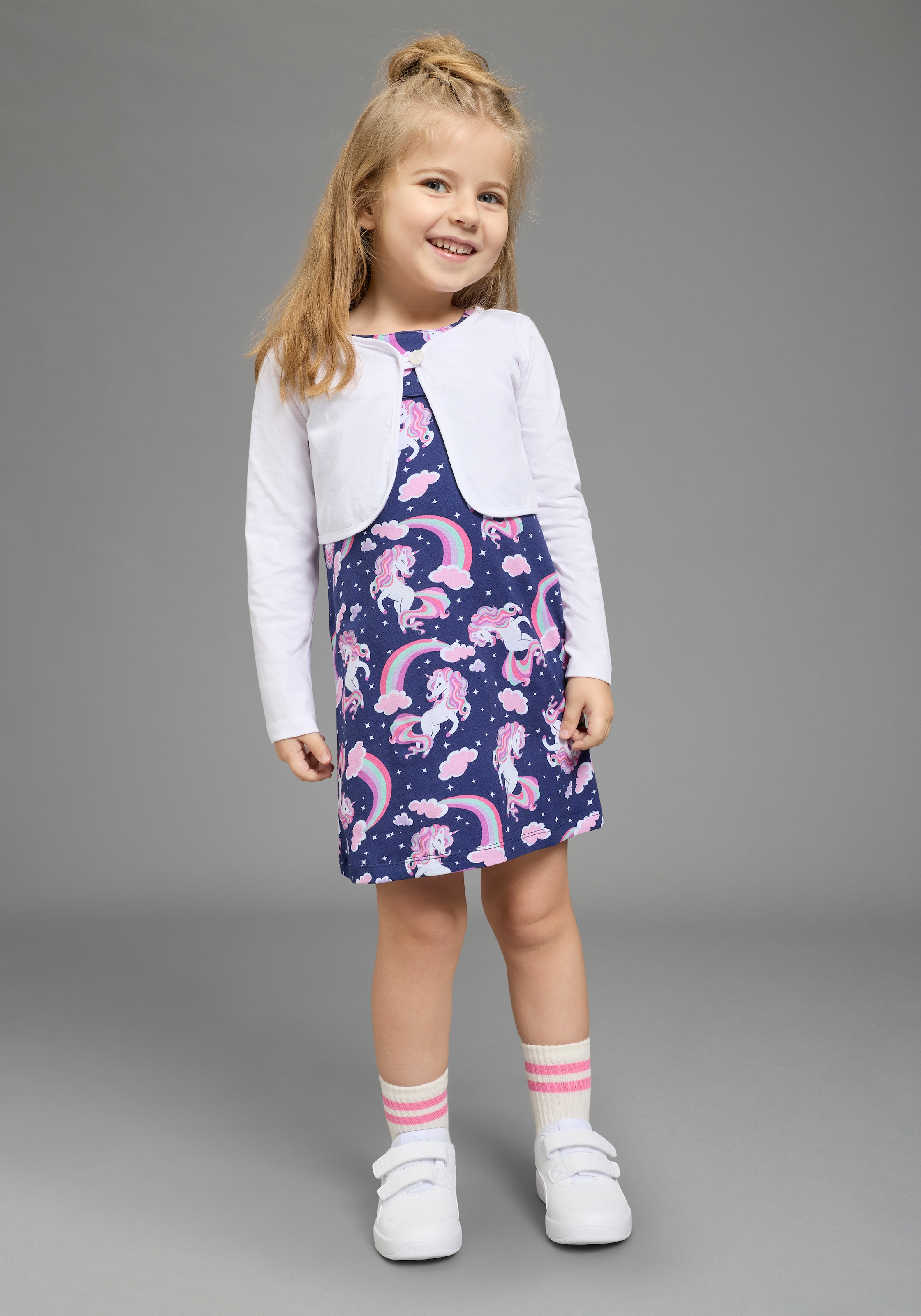 KIDSWORLD Bolero, Kleid & Leggings »2 tlg Set Kleid+Bolero Einhorn« Set, 2, 2 tlg. bedrucktes Design, aus Baumwollmischung, Single Jersey Material