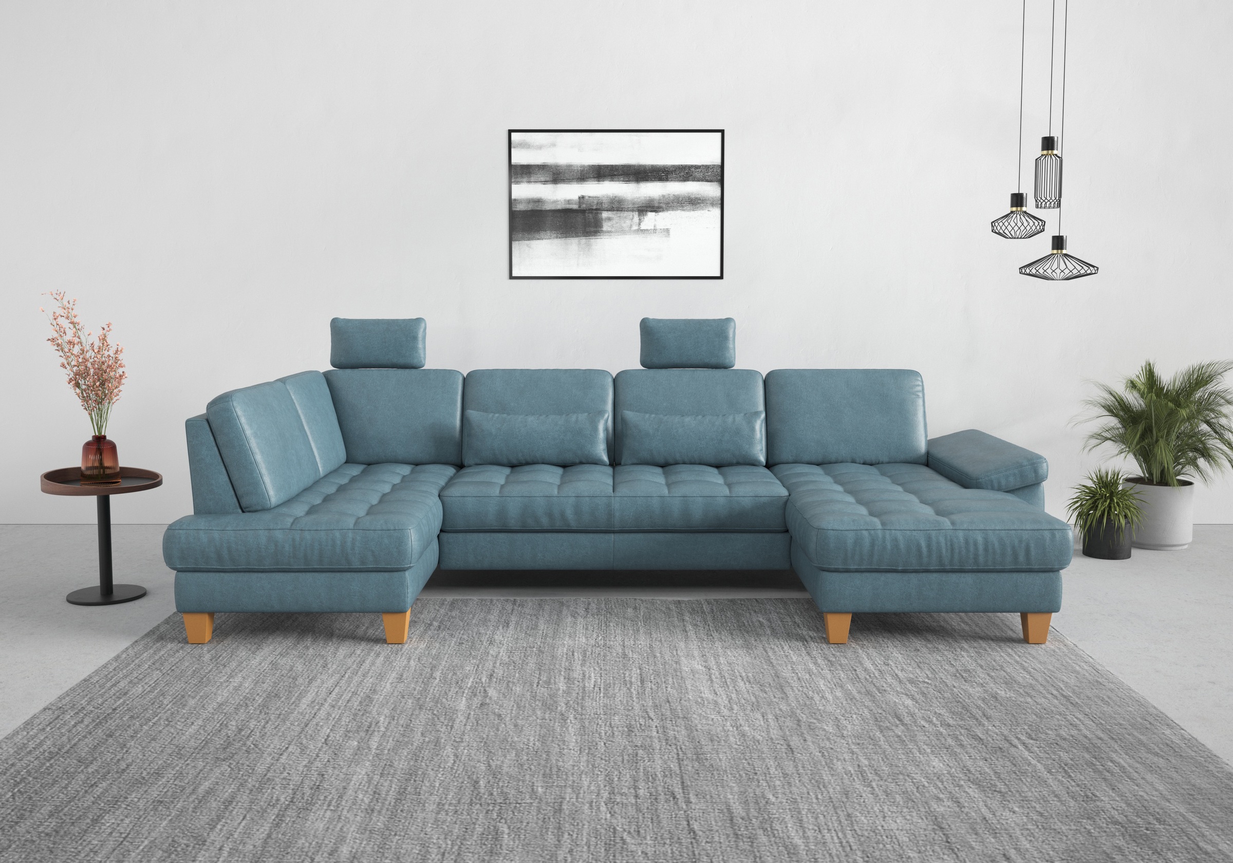 Wohnlandschaft SIT & MORE "Westham U-Form", bunt (graublau), B:338cm H:88cm T:172cm, 100% Polyester, Sofas, Wohnlandschaft, wahlweise mit Bettfunktion, Bettkasten, Sitztiefenverstellung