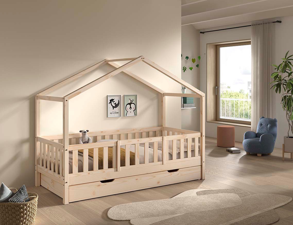 Vipack Hausbett »Dallas, Massivholzbett mit Dachaufbau umbaubar vom Boden- zum Daybett« mit Bettschublade, wahlweise Kiefer massiv natur oder weiß