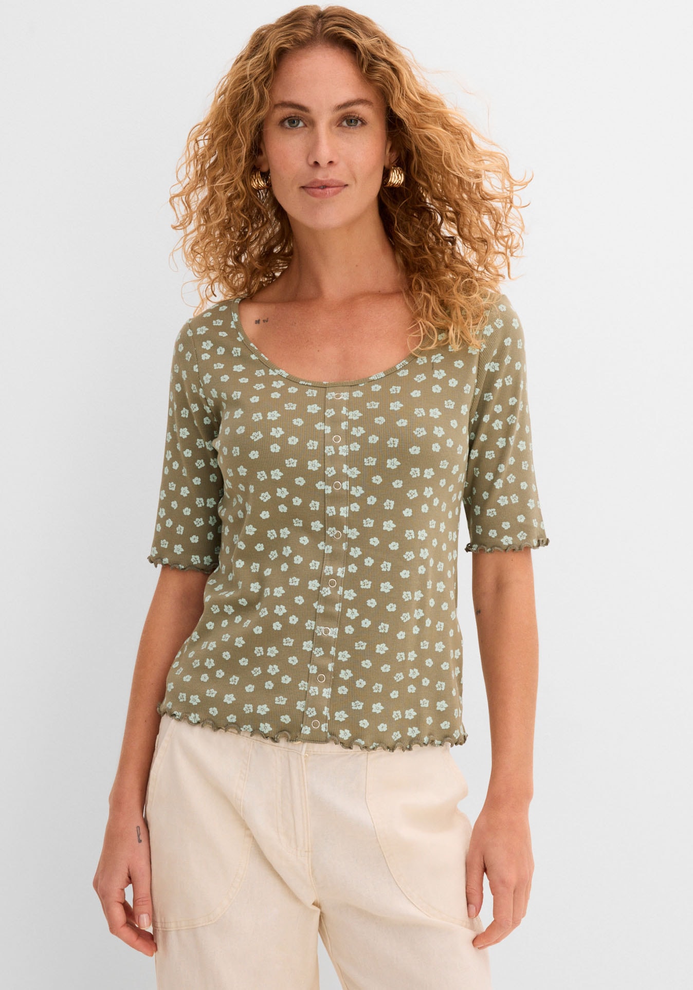bonprix T-Shirt "Ripp-Shirt mit Blumendruck, Halbarm" bequeme Passform, Halbarm-Design, mit Blumendruck, aus Baumwolle