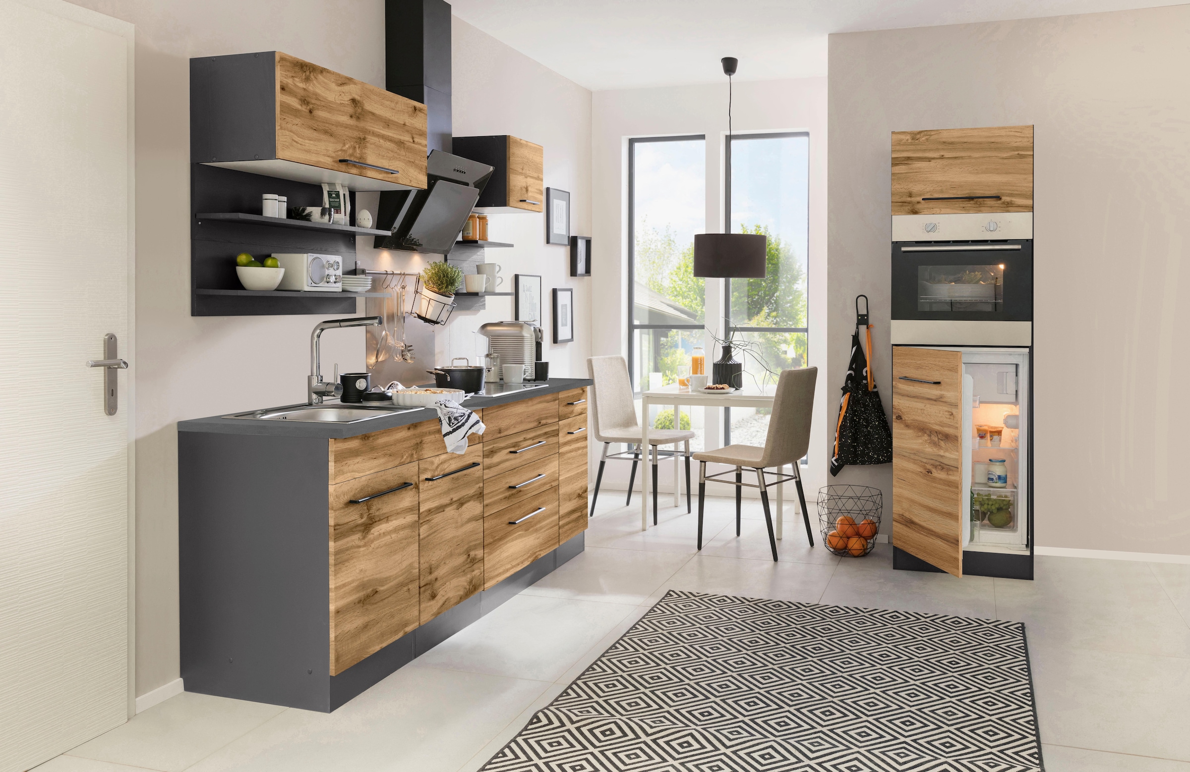 KOCHSTATION Küchenzeile »KS-Tulsa« ohne E-Geräte, Breite 290 cm, schwarze Metallgriffe, MDF Fronten