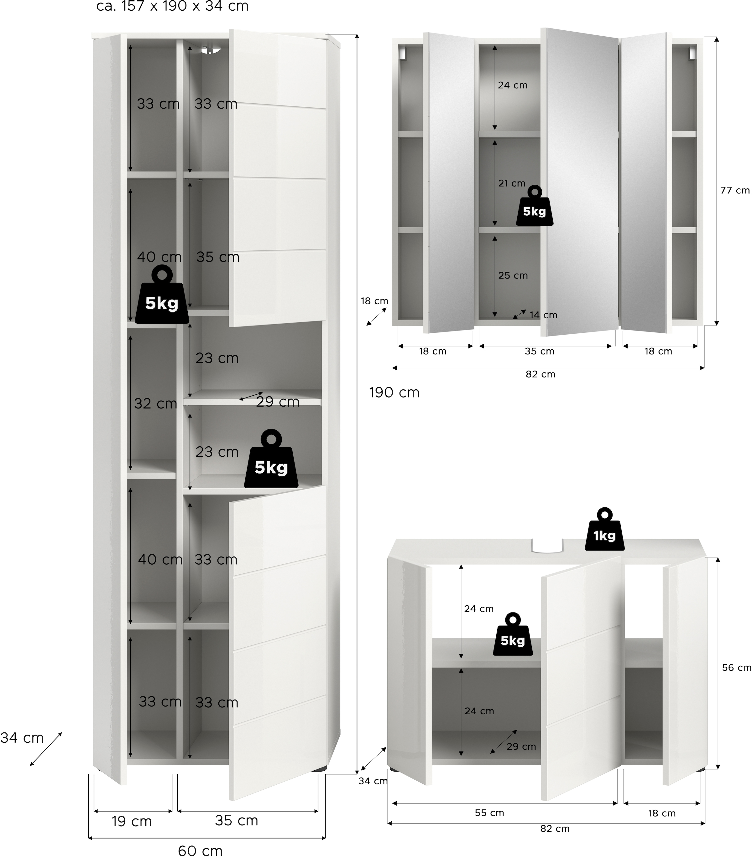 welltime Badmöbel-Set »Biel, Höhe 190 cm, Hochschrank, Unterschrank, Spiegelschrank«, (3 St.), Bad Set, modernes Design, Hochschrank, Unterschrank, Spiegel