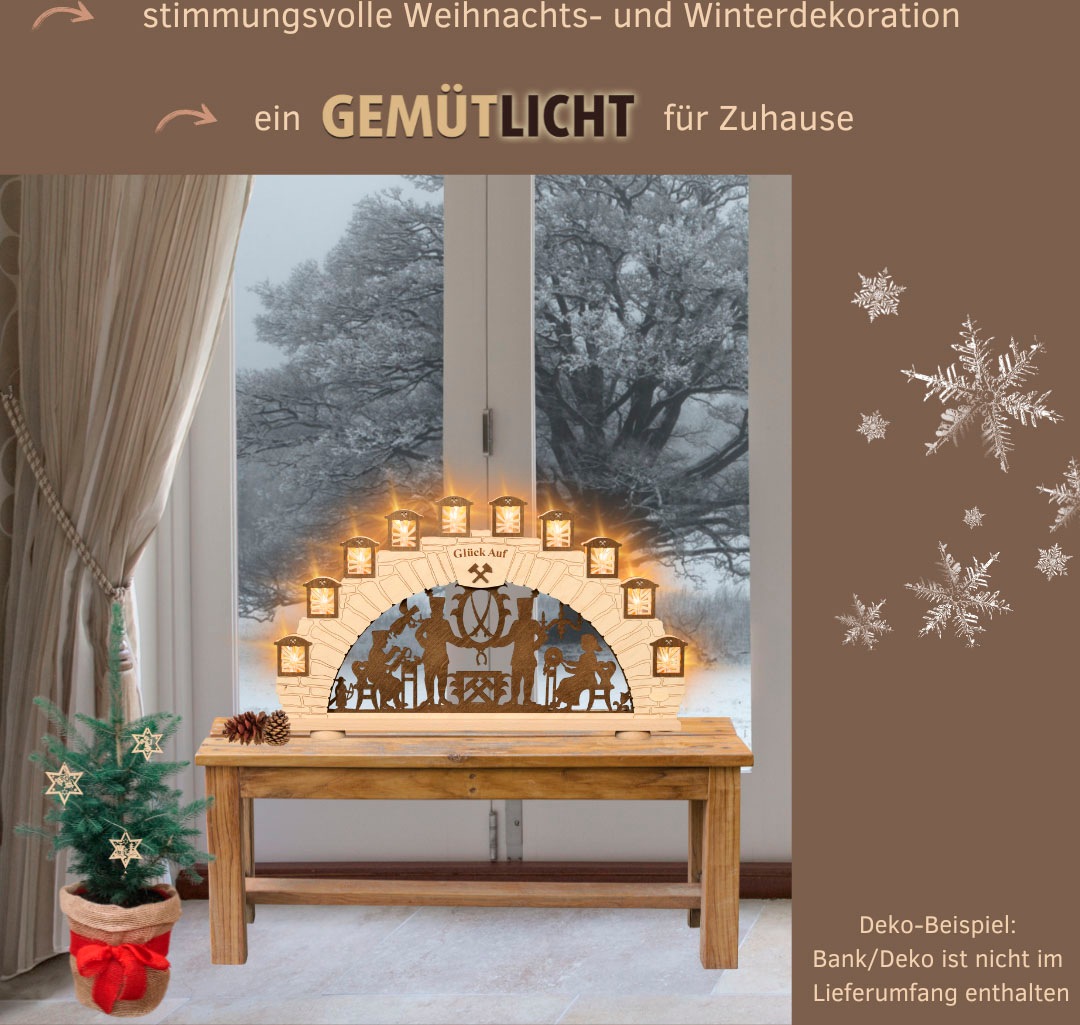 Weigla Schwibbogen »Erzgebirge, Motiv Bergmann, Lichterbogen aus Holz, NATUR-BRAUN«, Erzgebirge garantiert, Weihnachtsdeko Innen, Weihnachtsbeleuchtung