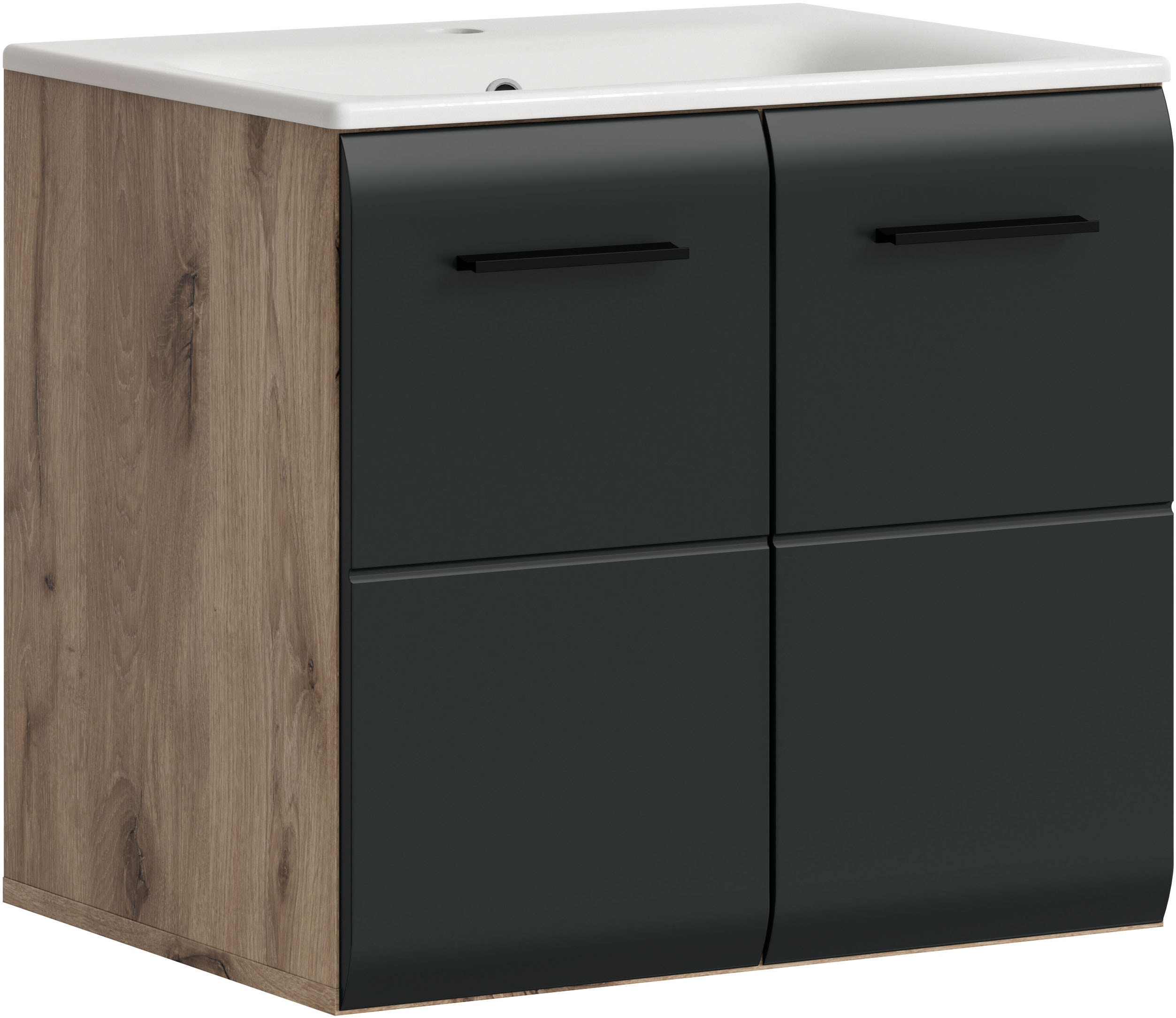 welltime Waschbeckenunterschrank "FLORENZ, Breite 60 cm, inkl. Waschbecken, hängende Montage" TOPSELLER, 2 Stk. tlg. hochwertige MDF Front, Griff schwarz, Badschrank, Bad