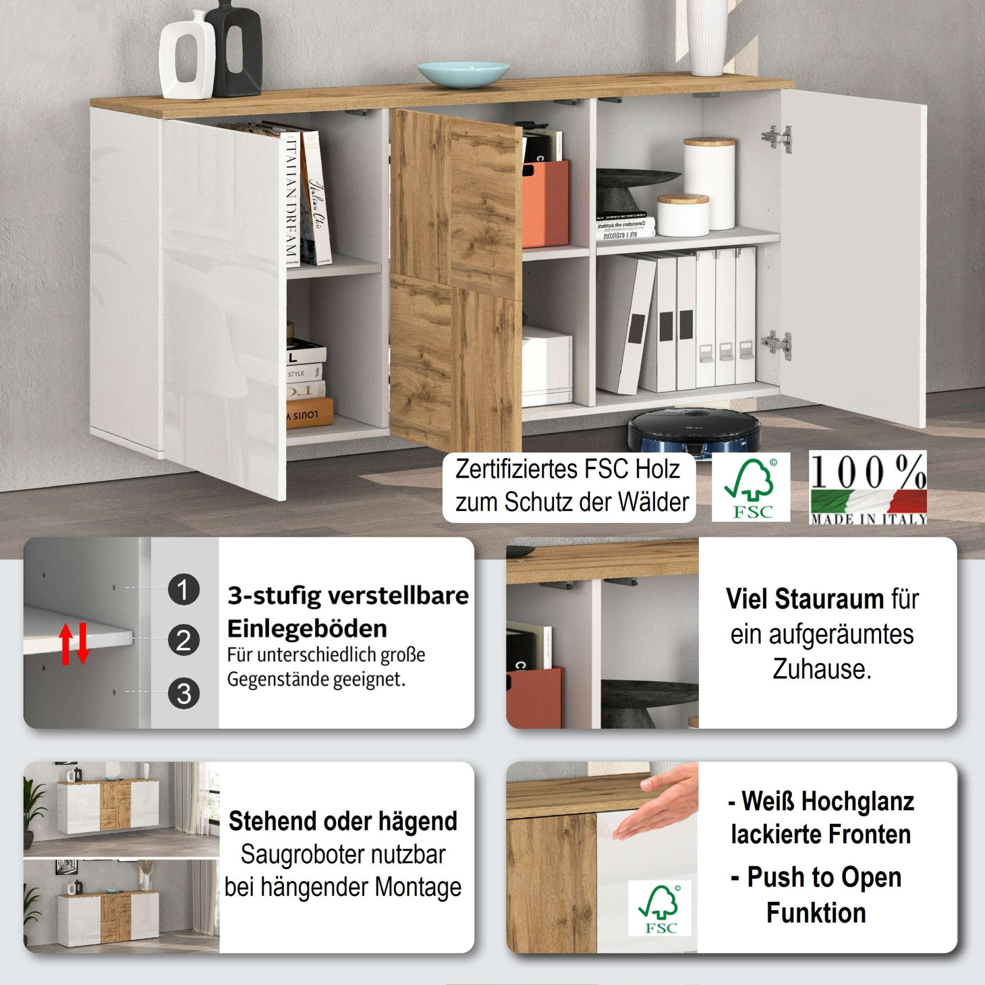 INOSIGN Sideboard »Sideboard ISEO, Kommode, Schrank, Kredenz« 1 Stk. tlg. stehend/hängend, 3 Türen HG lackiert, 6 Fächer, B 150 cm