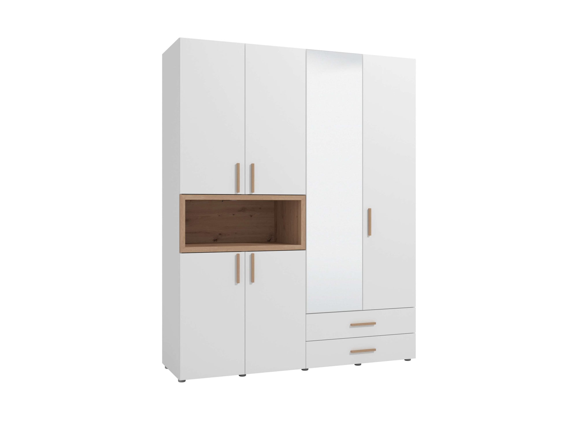 INOSIGN Kleiderschrank »Donald, inklusive Kleiderstangen und Einlegeböden, FSC-zertifiziert«, (134,5 oder 179cm breit, 227cm hoch und 56,5cm tief), In 2 Breiten, mit Spiegel und Schubladen, 1 offenes Fach in Holzoptik