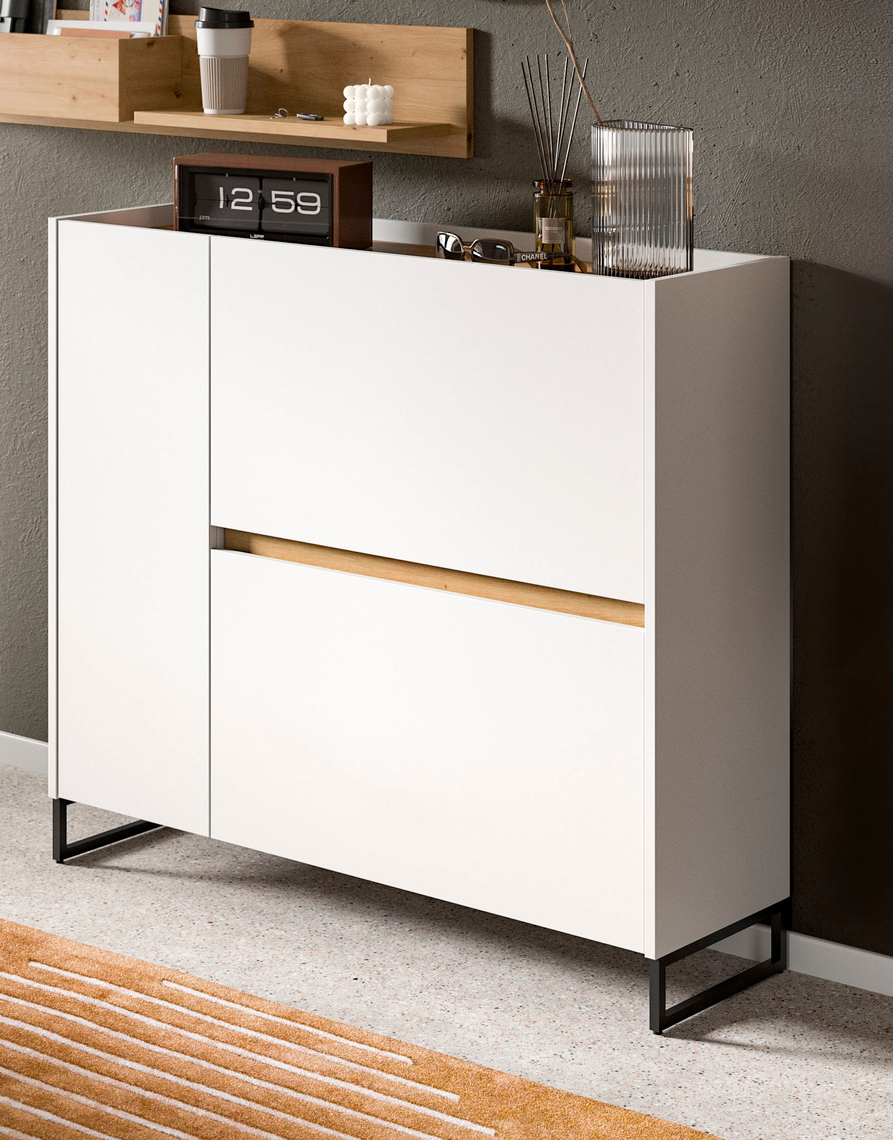 INOSIGN Schuhschrank »EVRID, Breite 110cm, 1 Tür, 2 Schuhwalzen, inkl. Metall-Kufenfüße«, (1 St., individuell mit anderen Artikel der Serie EVRID erweiterbar), Schuhkommode, Kommode, Sideboard, Garderobenschrank, Flurkommode