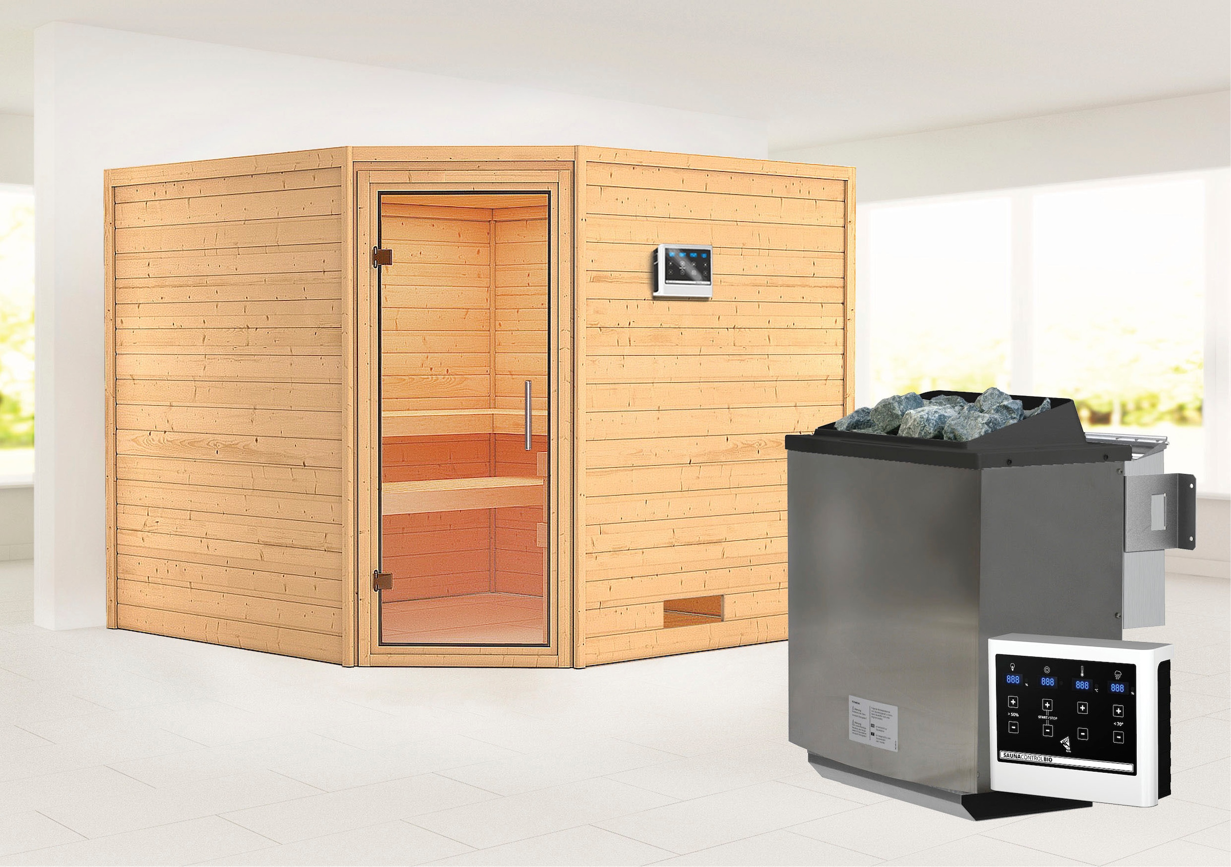 Karibu Sauna ""Leona" mit Klarglastür 2 Ofen 9 kW Bio externe Strg modern", aus hochwertiger nordischer Fichte