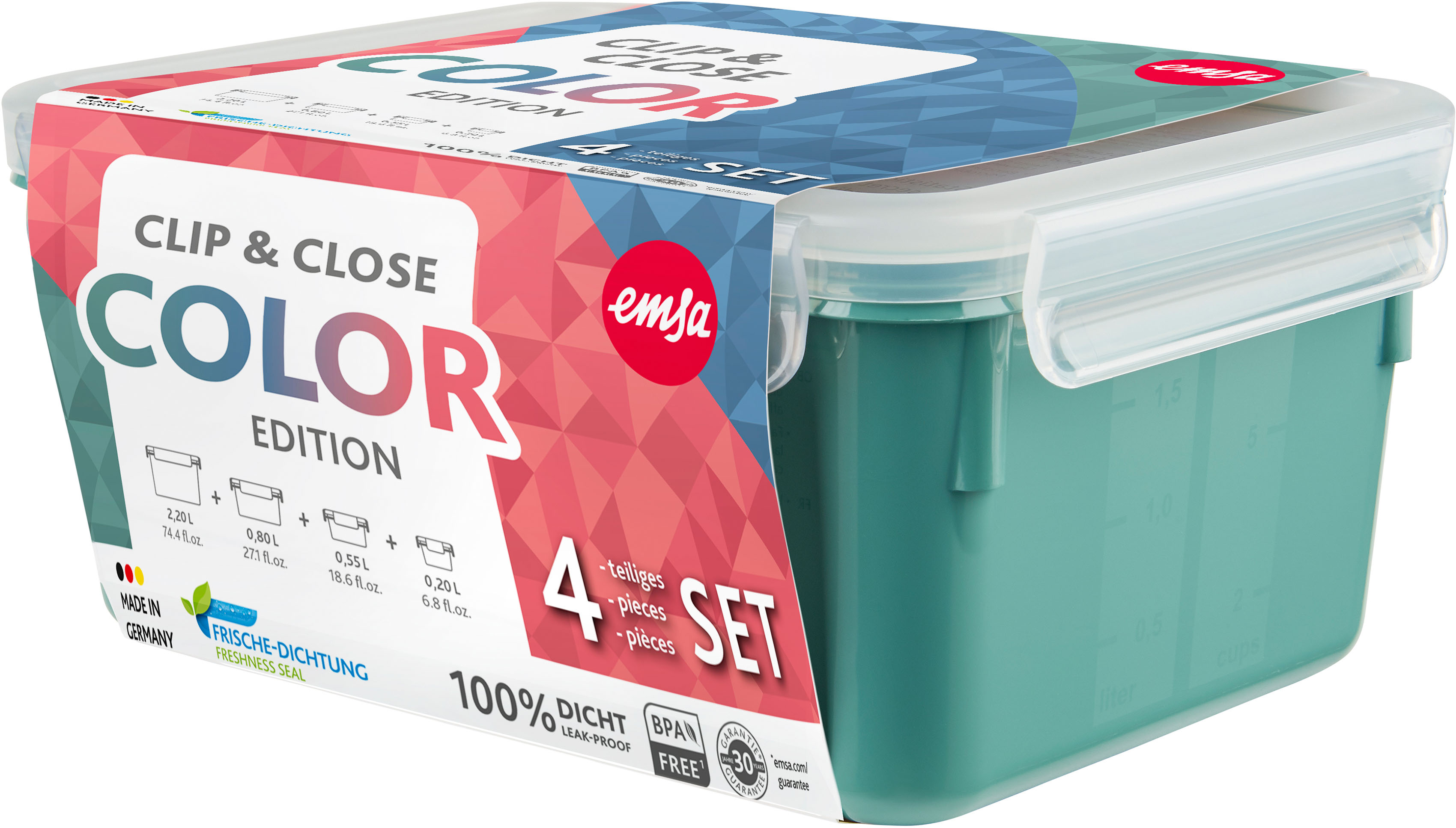 Thumbnail - Emsa Frischhaltedose "Clip & Close Color Edition", (Set, 4 tlg.), 0,2/0,55/0,8/2,2L, Kunststoff, auslaufsicher, hygienis...