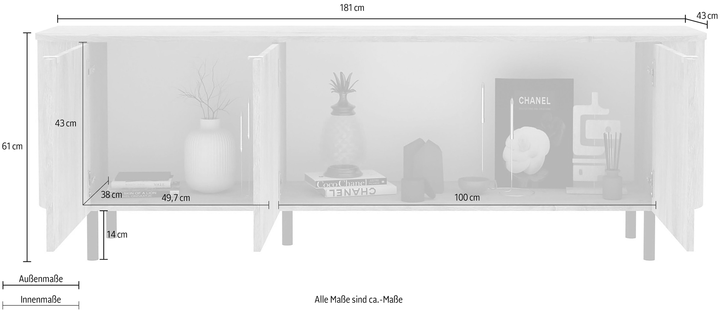 Home affaire Lowboard »Murano, 181 cm breit, 3 Türen, TV-Schrank, TV-Kommode, Medienboard« Formgebogenes MDF, Stirnseiten mit Rundung, Füße und Griffe aus Metall