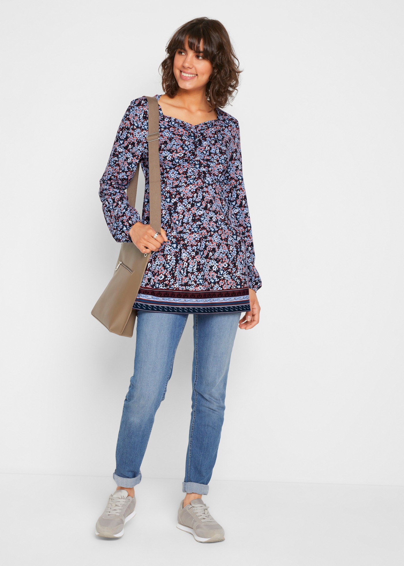 bonprix Longshirt mit geblümtem Jerseyshirt, Regular Fit