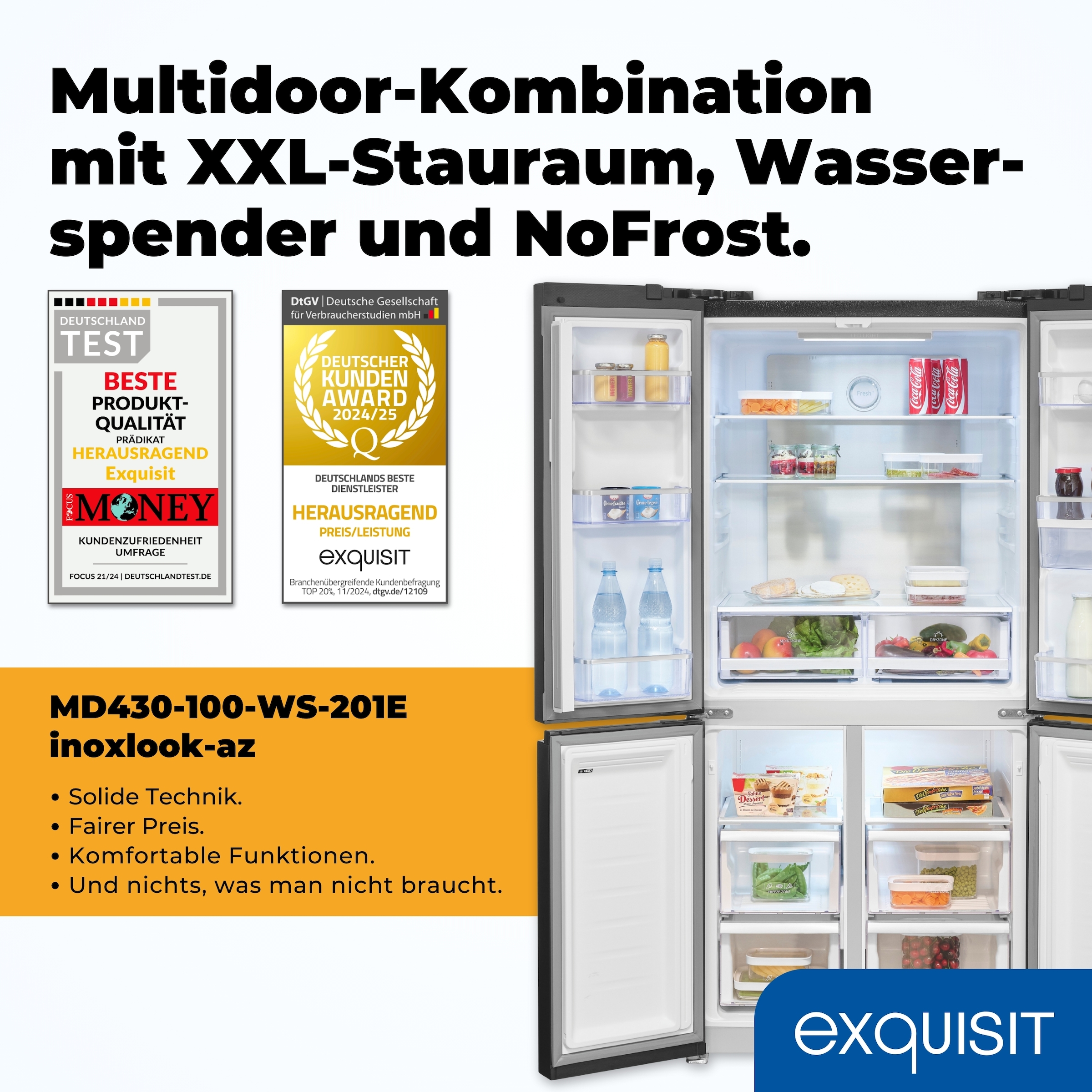 exquisit Multi Door MD430-100-WS-202E inoxlook-az »MD430-100-WS-202E inoxlook-az« 183 cm hoch 83,6 cm breit
