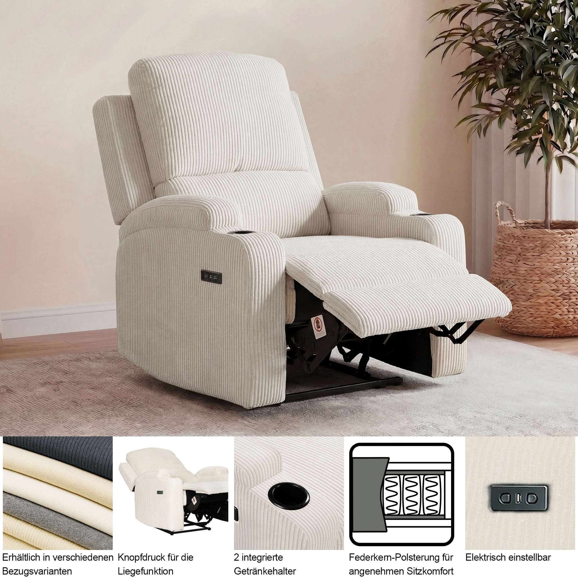 OTTO home Relaxsessel »NAPORI Lederoptik, Kinosessel, Multimedia-Sessel« TV-Sessel mit manueller u elektrischer Relaxfunktion u. Getränkehalter