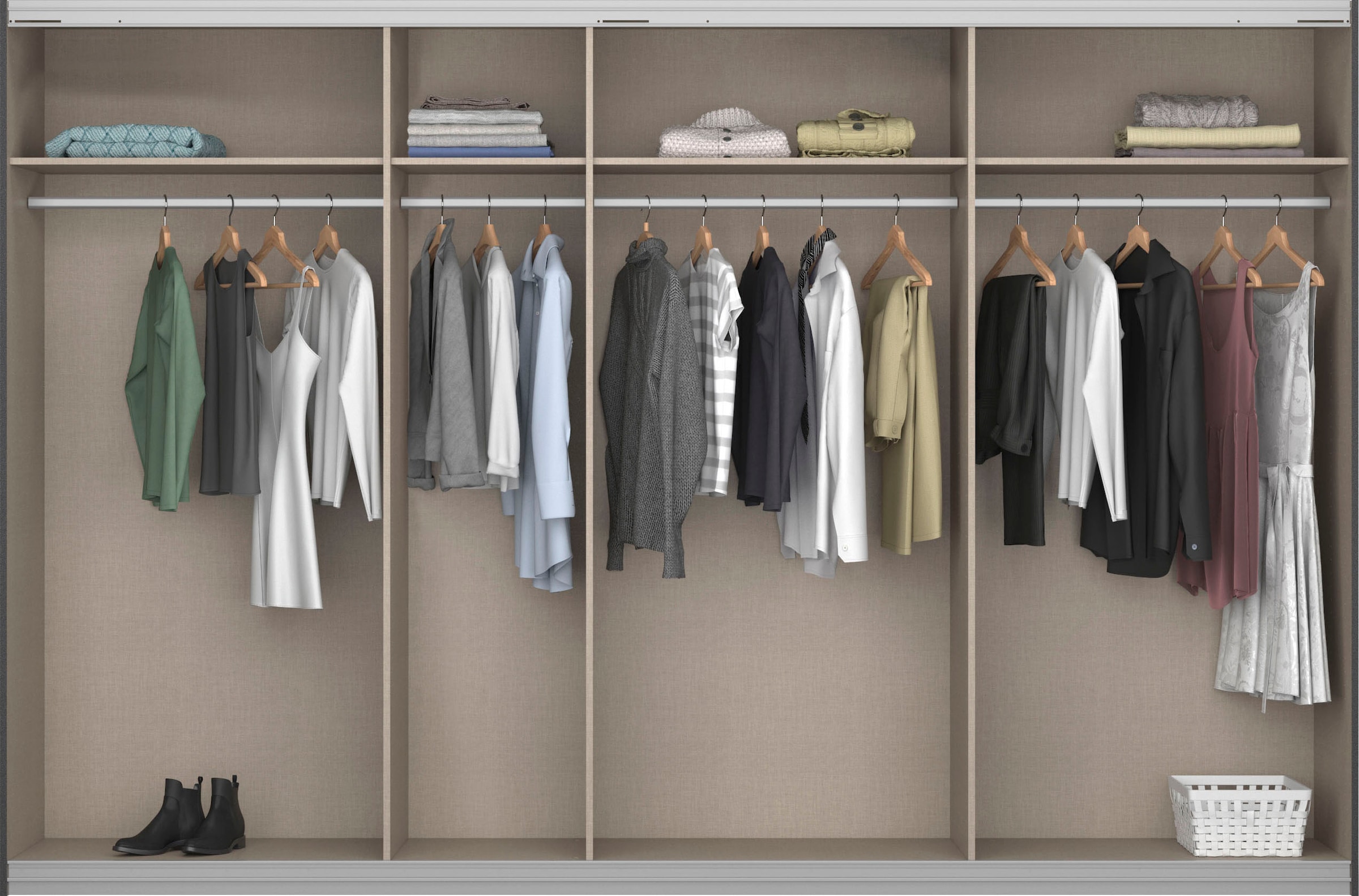 rauch Schwebetürenschrank »Kleiderschrank Schrank Garderobe Wäscheschrank Ankleide SYNCRONO« Mitteltüren öffnen parallel, Breiten 271/316/361 cm Höhen 211/230 cm,  Mitteltüren mit praktischer Synchron-Öffnung MADE IN GERMANY