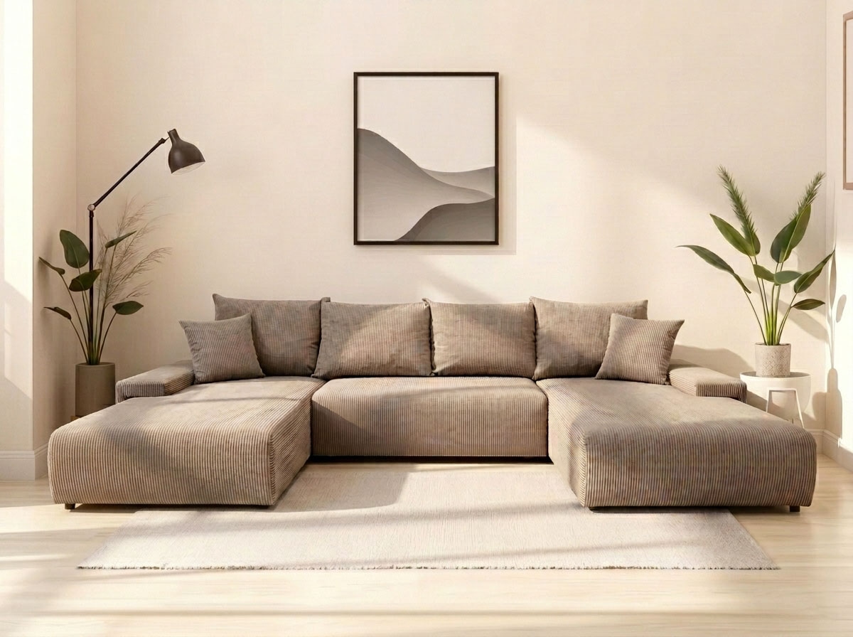 WERK2 Wohnlandschaft "Amalfi 348 x 188 cm modern und bequem" Cord, U-Form, XXL, Schlaffunktion, Bettkasten