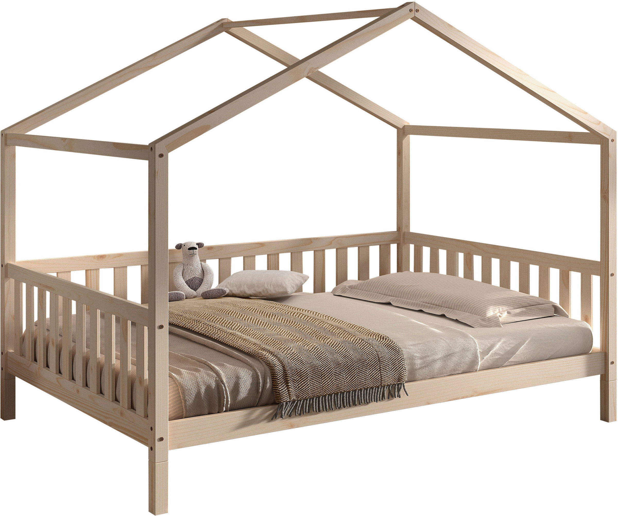Vipack Hausbett "Dallas, Massivholzbett mit Dachaufbau umbaubar vom Boden- zum Daybett" inkl. Rolllattenrost und Sprossenumrandung, 90 oder 140x200 cm breit, stabil und standfest gebaut, wahlweise Kiefer massiv natur oder weiß