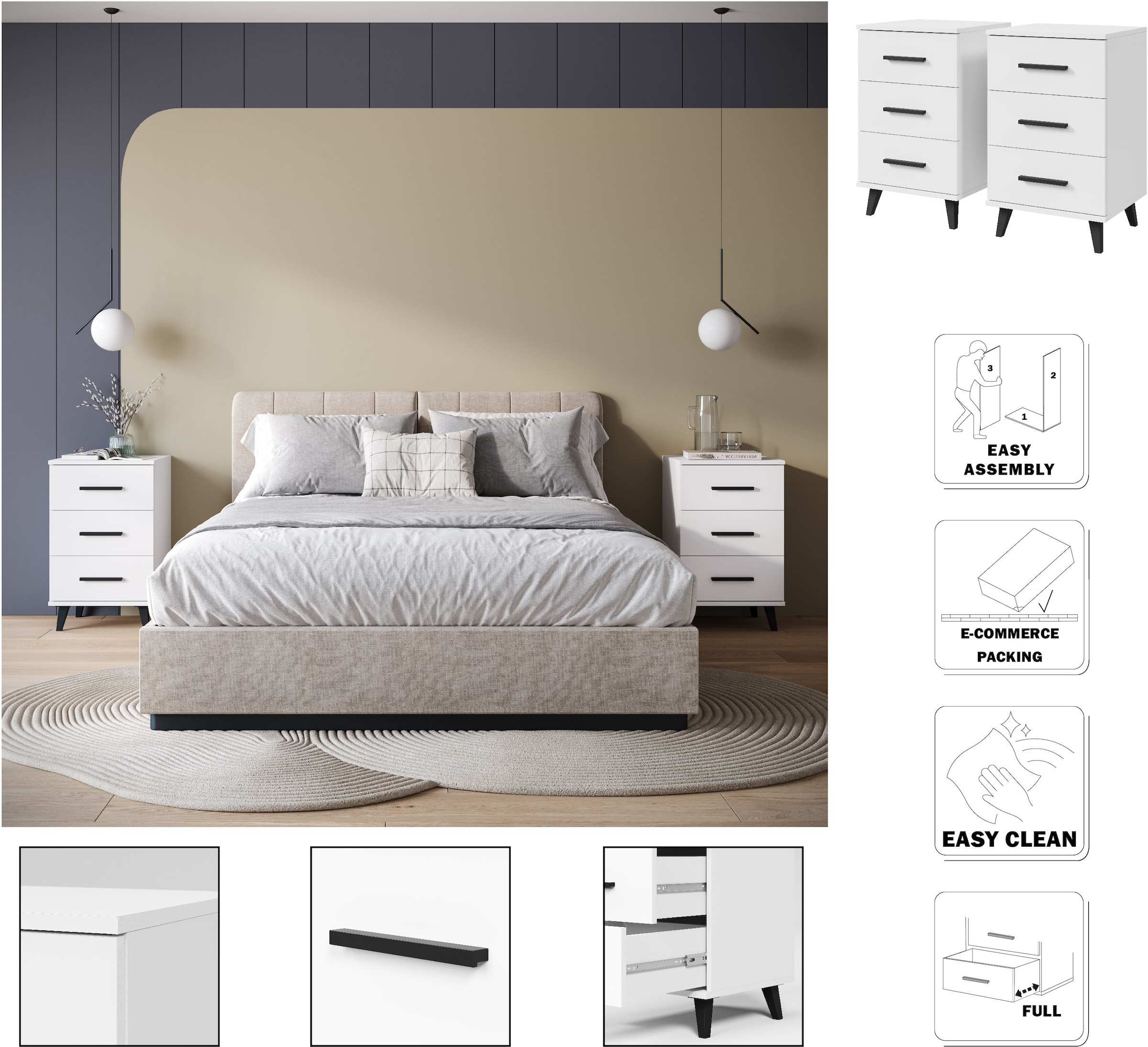INOSIGN Nachtkommode »Lagos, 2 Nachtschränke, 3 Schubladen, schwarze Griffe & Füße«, (Set, 2 St.), modernes Design, B/T/H je 40/35/65 cm, pflegeleichte Oberfläche