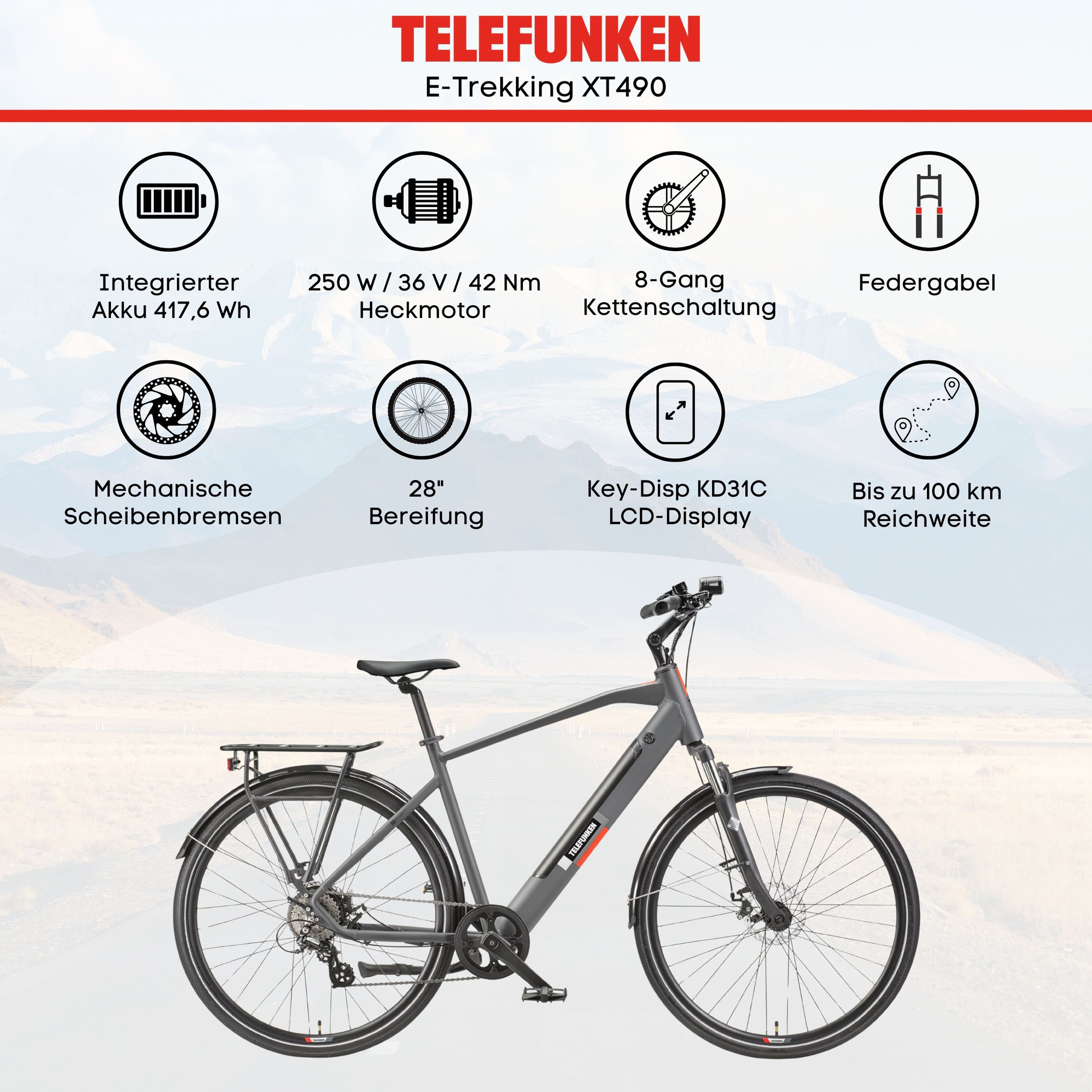 Telefunken E-Bike »E-Trekking Expedition XT490 Herren«, 8 Gang, Shimano, Altus, Heckmotor 250 W, Pedelec, Elektrofahrrad, Herren, innerhalb StVZO, 28 Zoll