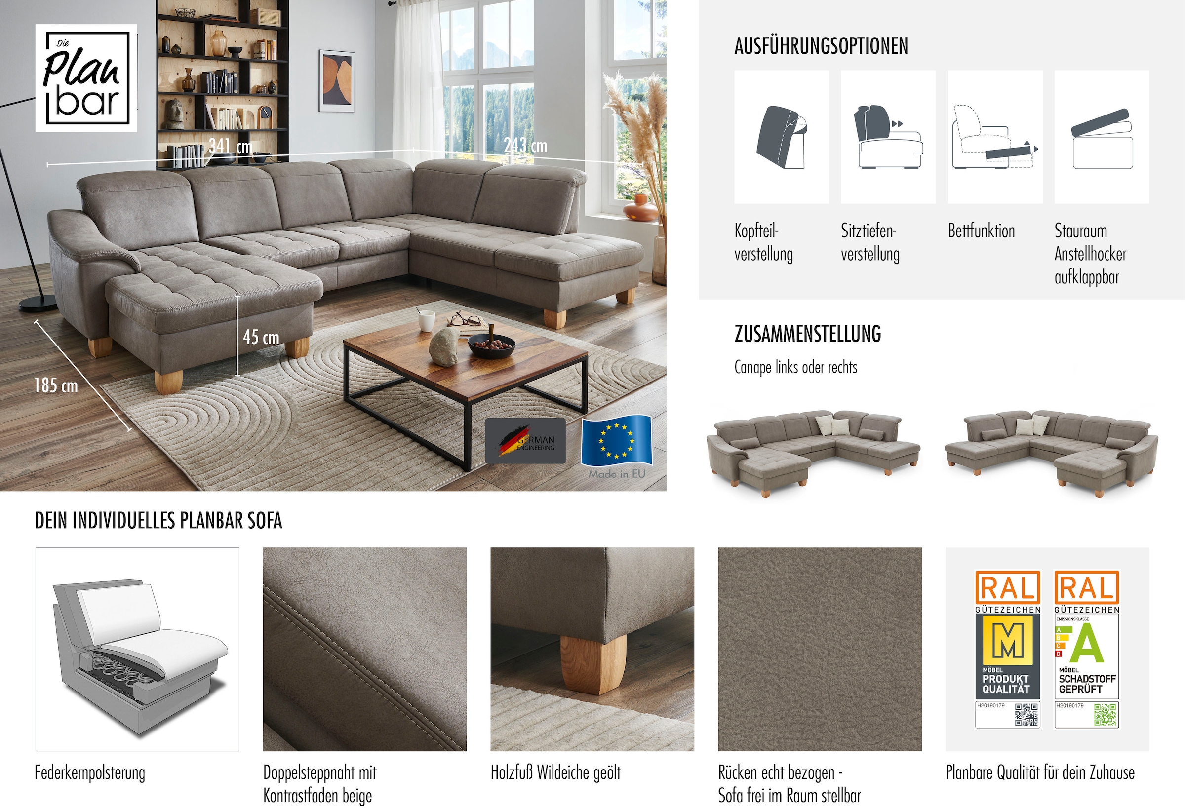Die PlanBar Wohnlandschaft "PP-LA23145" inkl. Kopfpolsterverstellung, Feder günstig online kaufen