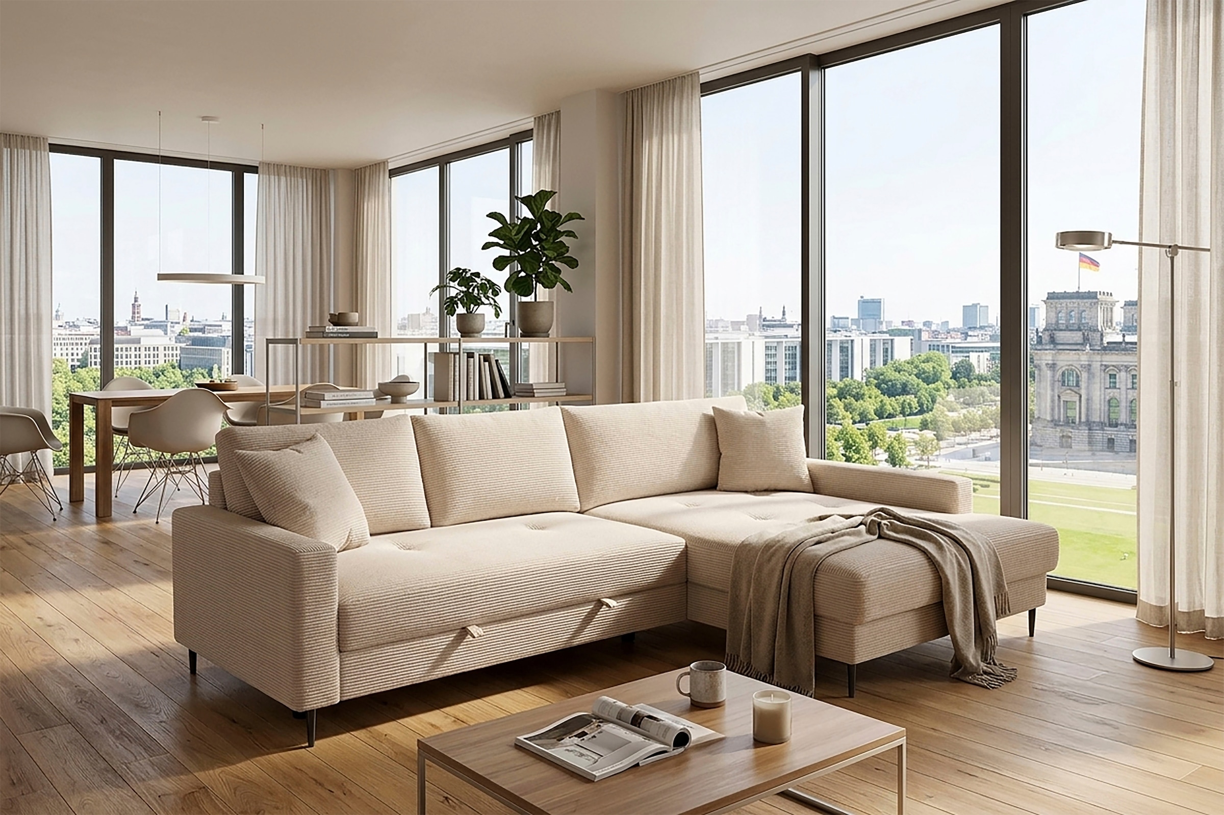 Trends by HG Ecksofa "Summer L-Form, B: 284 cm, Schlaffunktion, 2 Zierkissen" optional mit Kopfstützen, Wellenfederung, frei stellbar