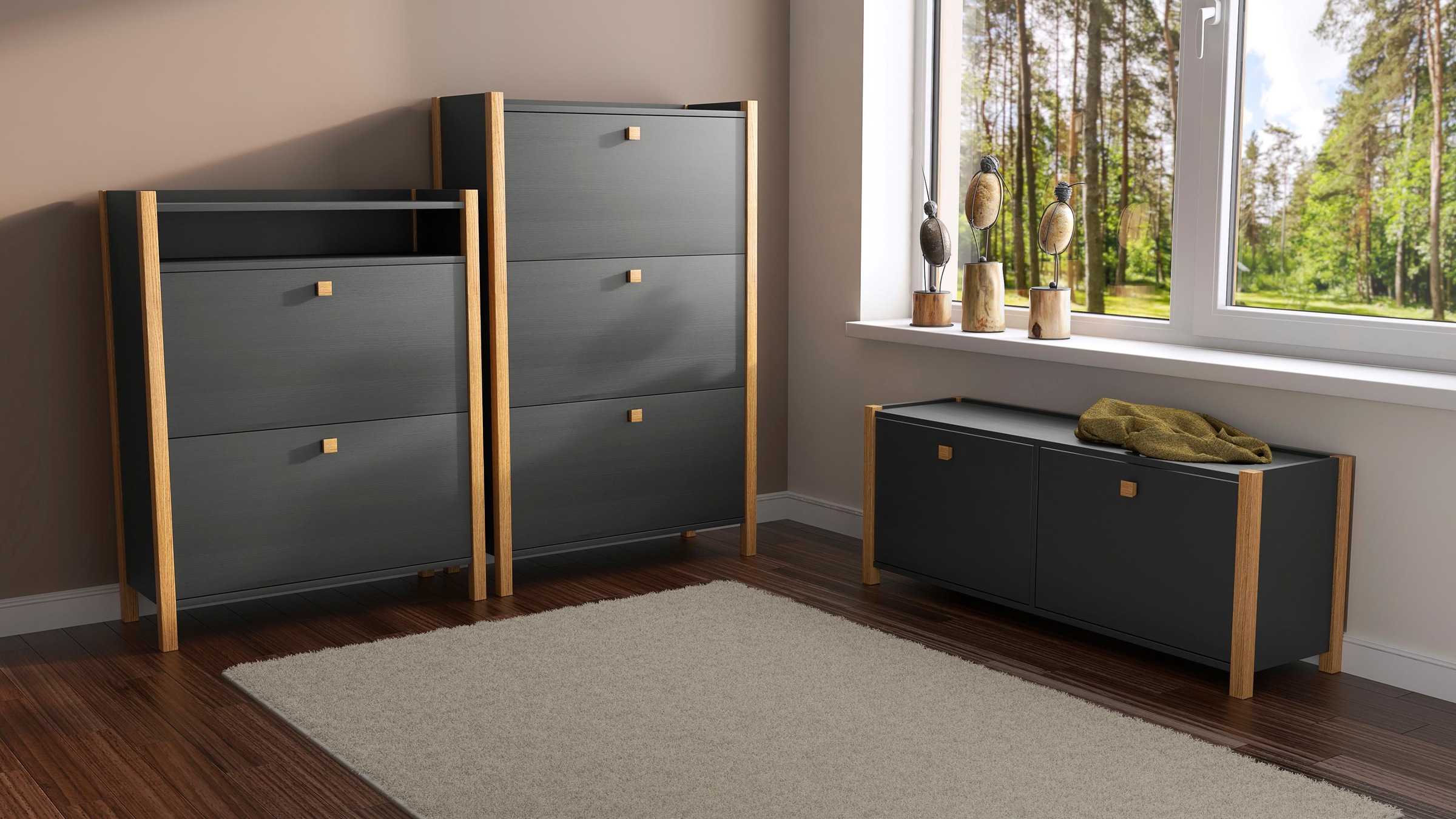 WOODMAN Charis Shoe Bench Oak/Black 125x35x48cm 2