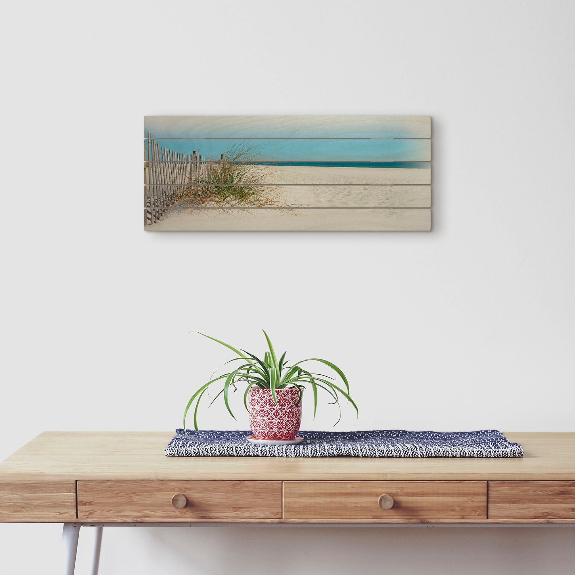 Artland Holzbild »Schöne Sanddüne mit Gräsern und Zaun«, Strandbilder, (1 St.)