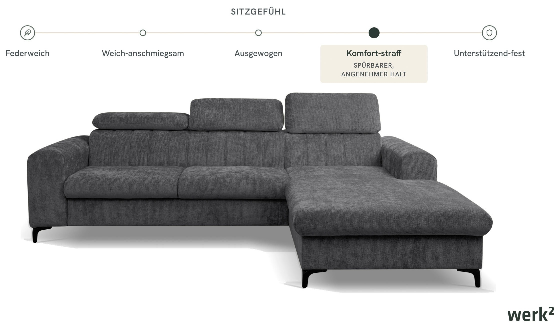 WERK2 Ecksofa »Foster inkl. Schlaffunktion & Bettkasten, bodenfrei, Chenille, bequem« 3 verstellbare Kopfstützen & Pfeifensteppung im Retro-Look, L-Form