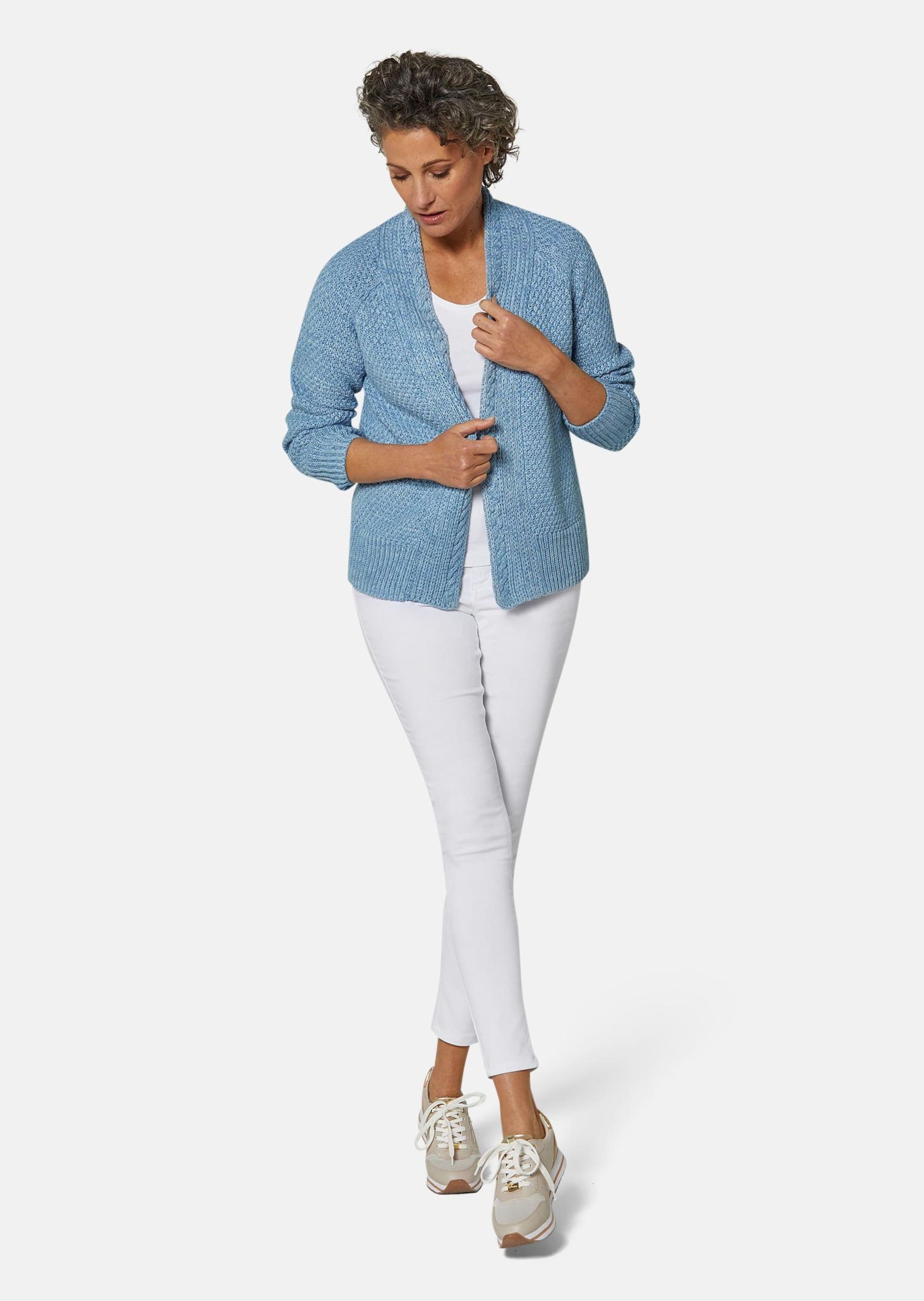 Strickjacke GOLDNER "Zeitlose Strickjacke in Grobstrick", Damen, Gr. 46, blau (jeansblau, melange), Obermaterial: 70% Baumwolle CO. 30% Polyacryl PAN., normal, Sonstiges, Strickjacken Strickjacke, Ohne 3