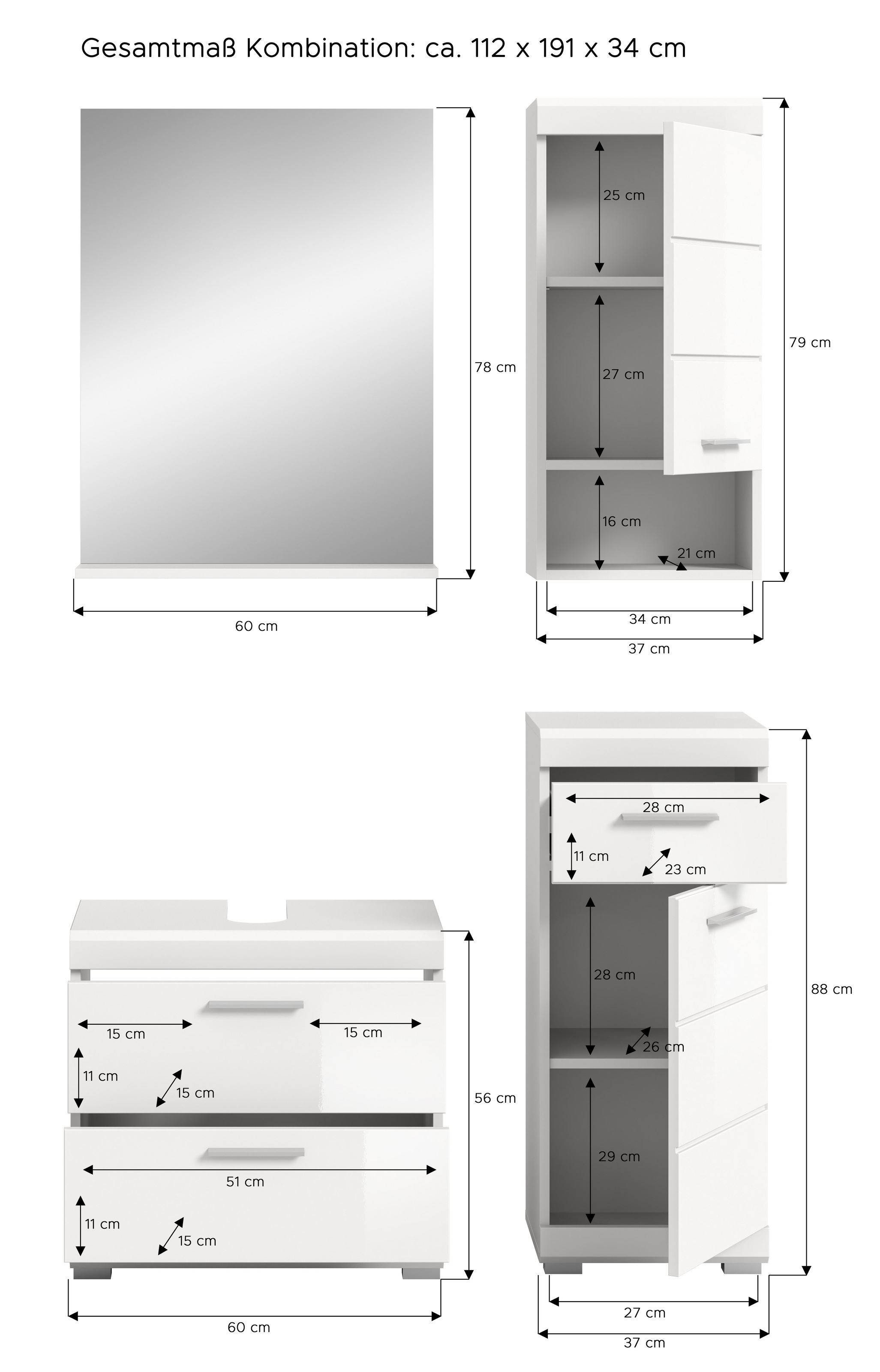 INOSIGN Badmöbel-Set »Siena, 4 teilig, bestehend aus:«, (Set), Waschbeckenunterschrank, Spiegel, Unterschrank, Hängeschrank