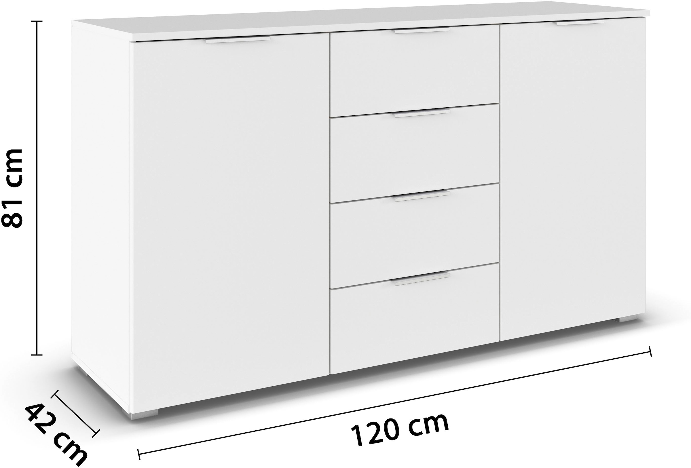 rauch Kombikommode »Sideboard Schubladenkommode AGORDO mit Dekor- oder Hochglanzfront«, (in zwei Griff-Farben, Breite 120 cm), vier große Schubladen, mit insgesamt 4 Einlegeböden MADE IN GERMANY