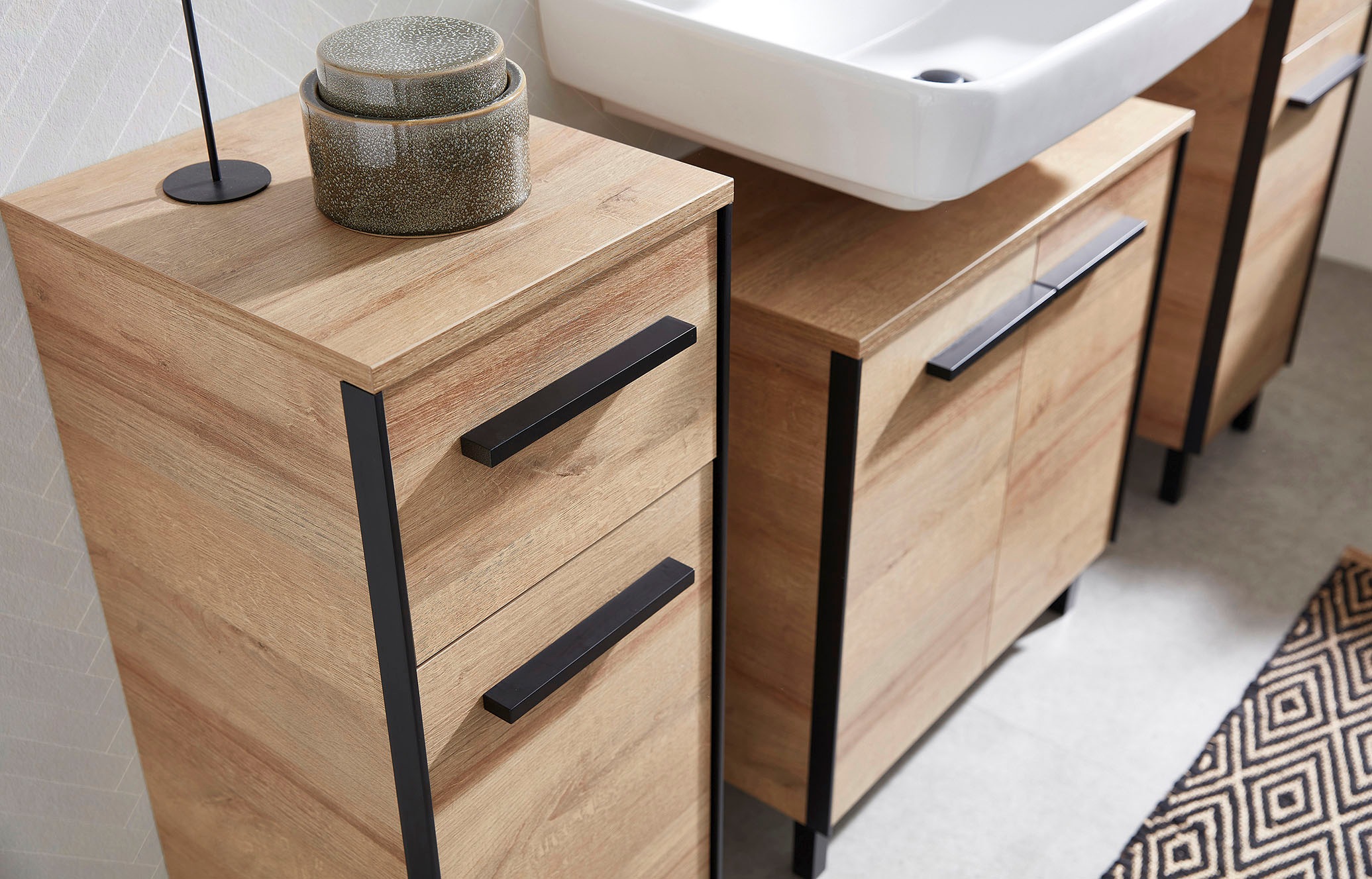 Saphir Badmöbel-Set »Quickset 395 4-teilig, Waschbeckenunterschrank mit LED-Spiegelschrank«, (4 St.), Unterschrank, Hängeschrank inkl. Türdämpfer, 6 Türen, 1 Schublade