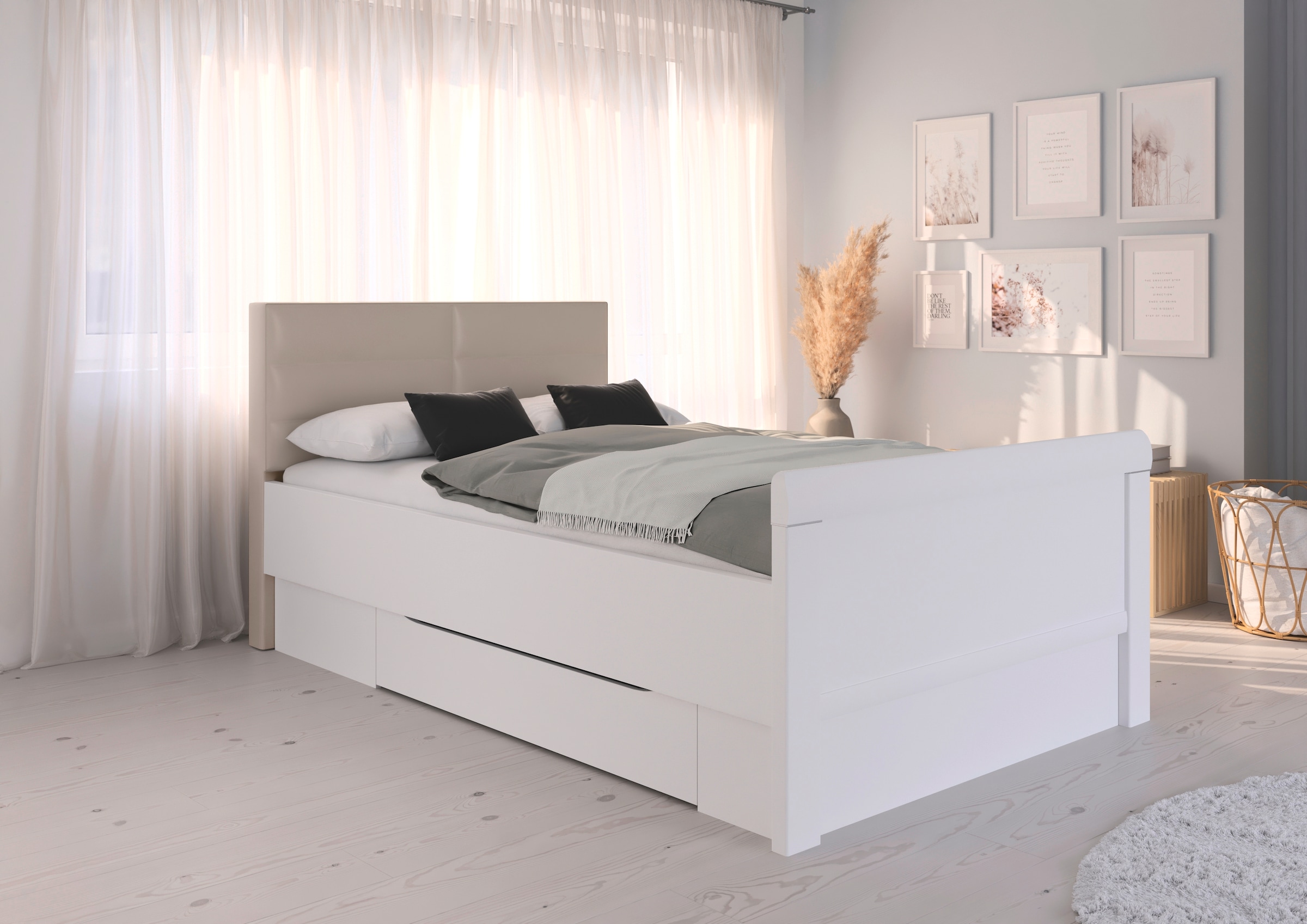rauch Stauraumbett »Bett Einzelbett Stollenbett Bettkästen EVELYN«, in Komforthöhe mit Polsterkopfteil sowie Schubladen MADE IN GERMANY