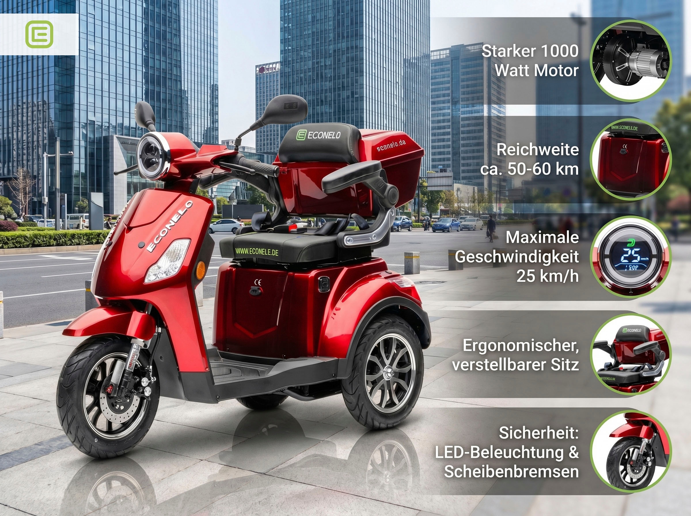 ECONELO Elektromobil »Seniorenmobil P1000, Lithium-Akku, 25 km/h, 1000 Watt« 1.000 W 25 km/h