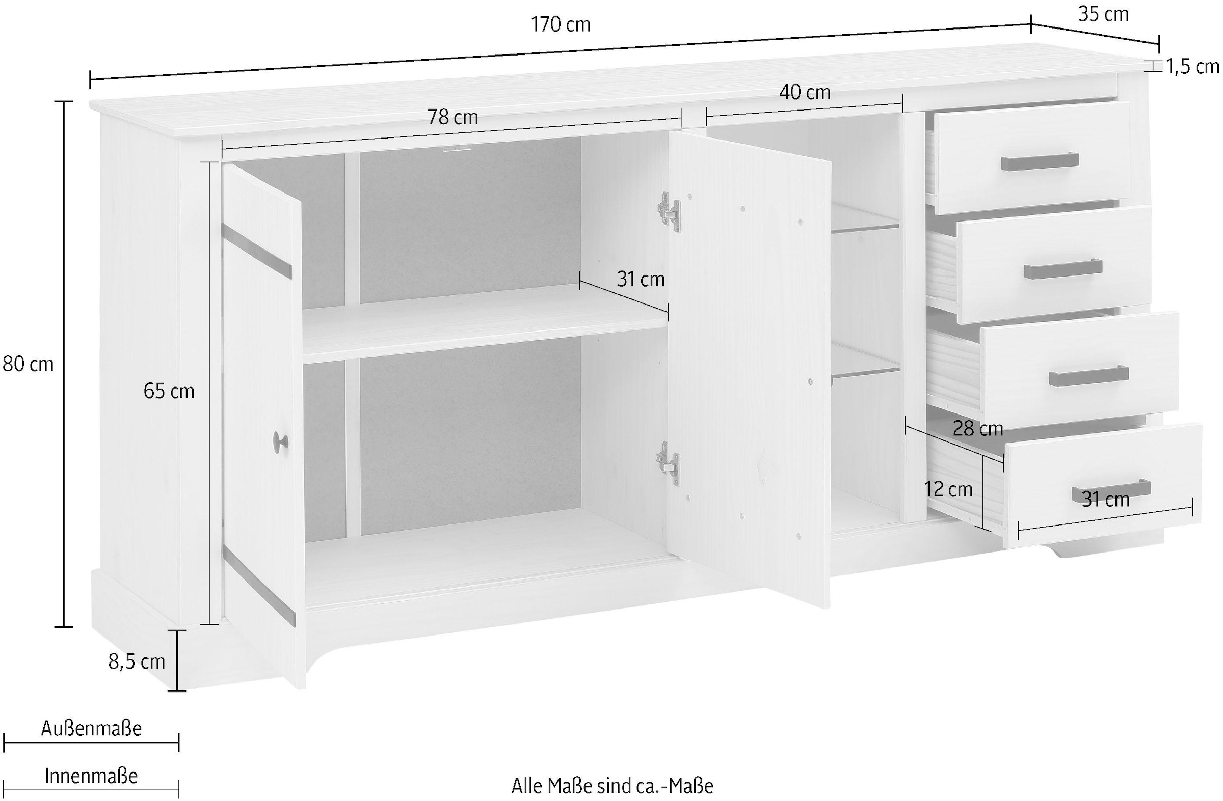 Home affaire Sideboard, Kommode aus massivem Kiefernholz, mit verstellbaren Glaseinlegeböden