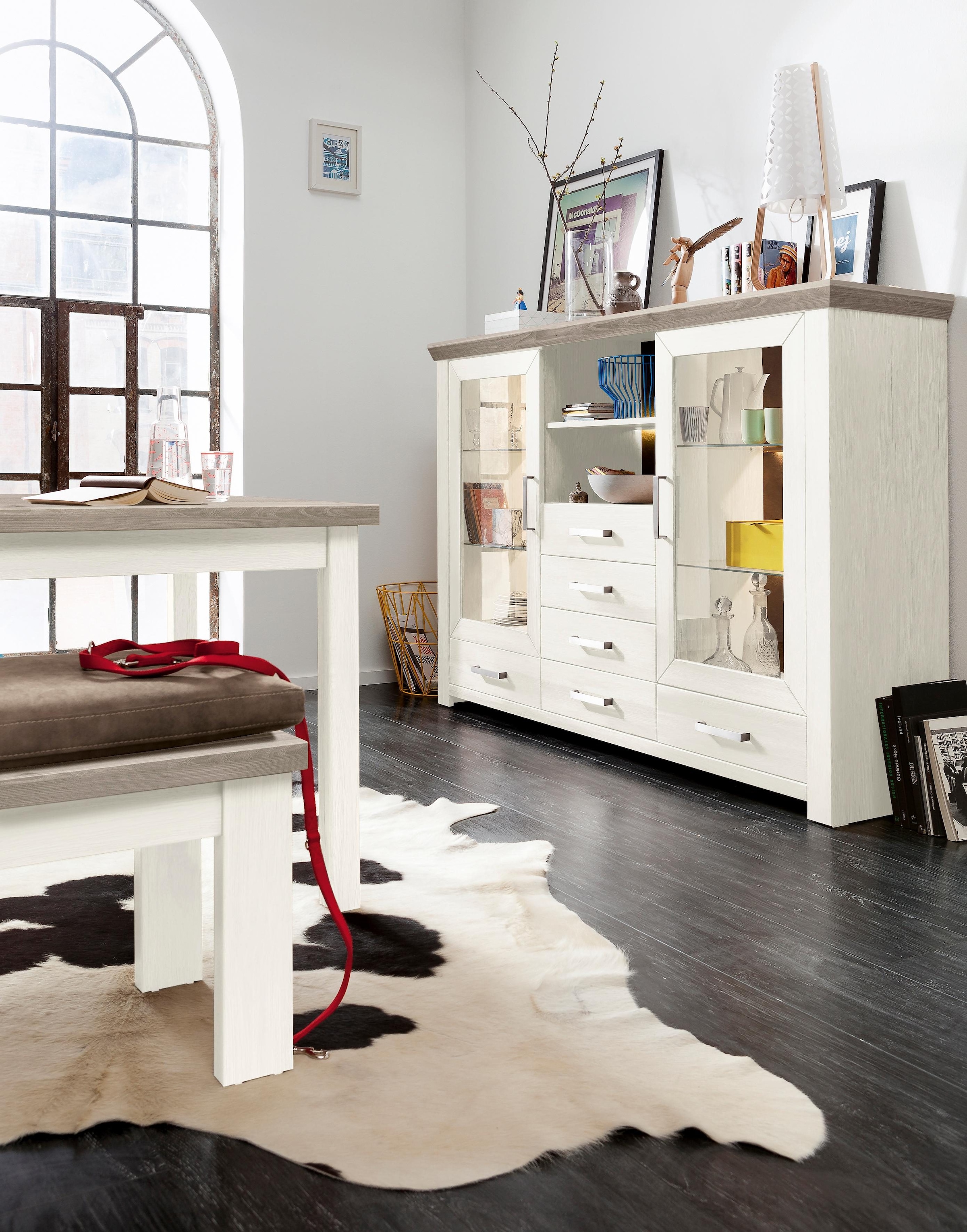set one by Musterring Highboard »York«, Typ 56, mit Glastüren, Beleuchtung optional, B 184 cm