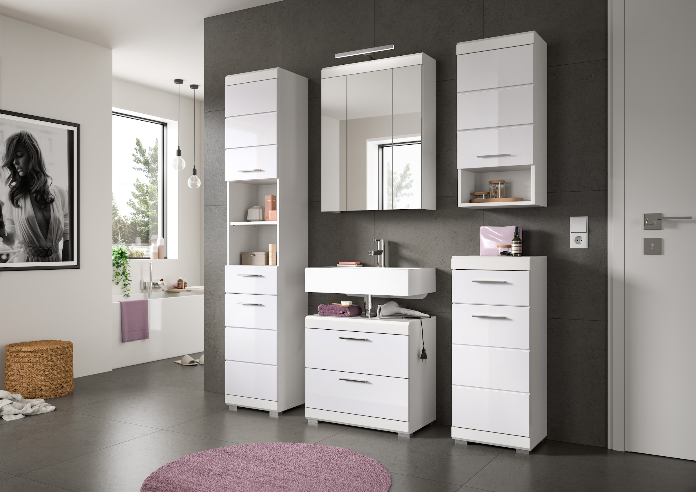 INOSIGN Badmöbel-Set »Siena, 2 teilig, inklusive LED Beleuchtung, bestehend aus:«, (Set), Waschbeckenunterschrank, Spiegelschrank, LED Badaufsatzleuchte