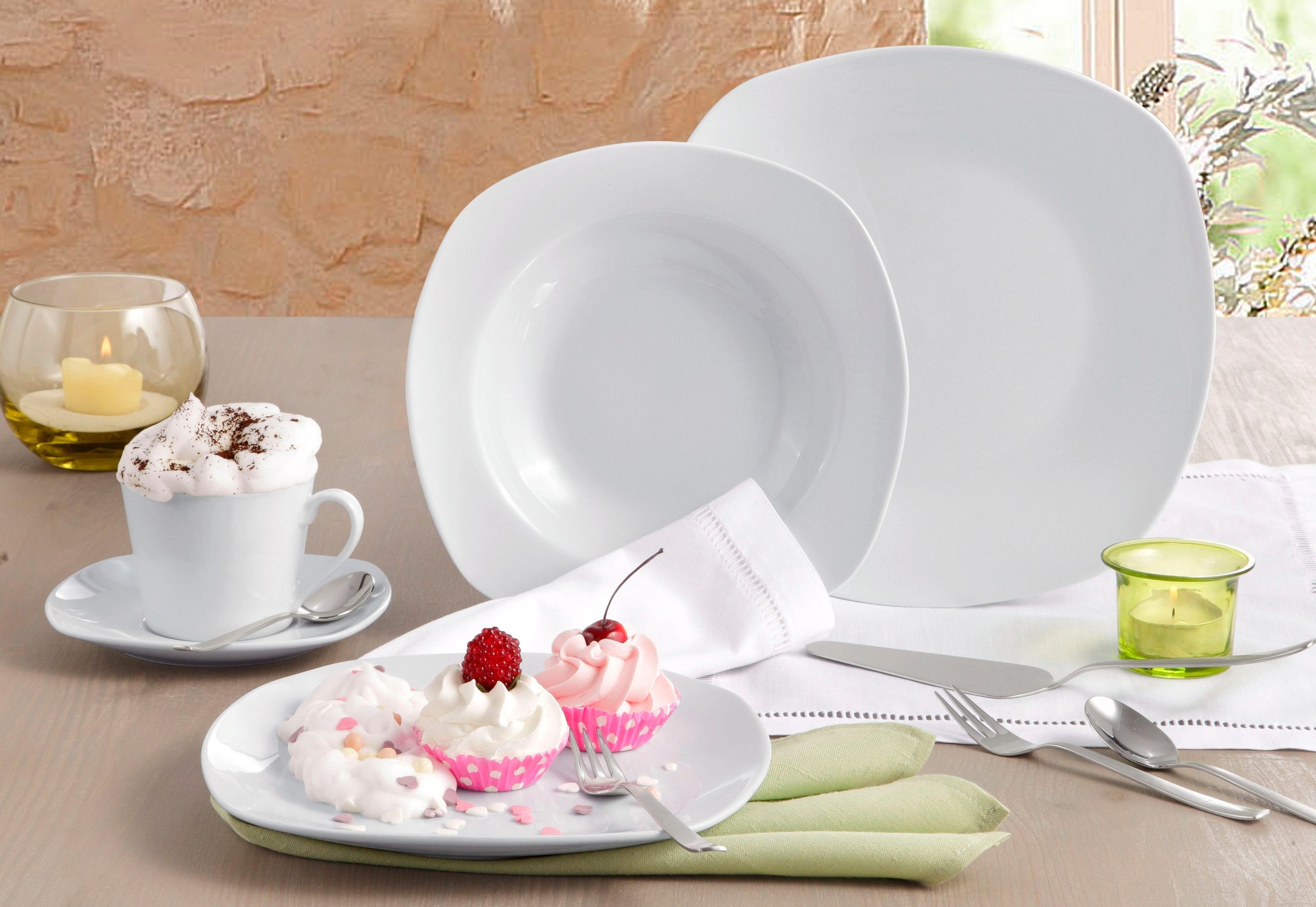 CreaTable Kombiservice »Geschirr-Set Amelie«, (Set, 30 tlg., Kaffeeservice und Tafelservice im Set, für 6 Personen), Service, weiß, quadratische Form, 30 Teile, für 6 Personen