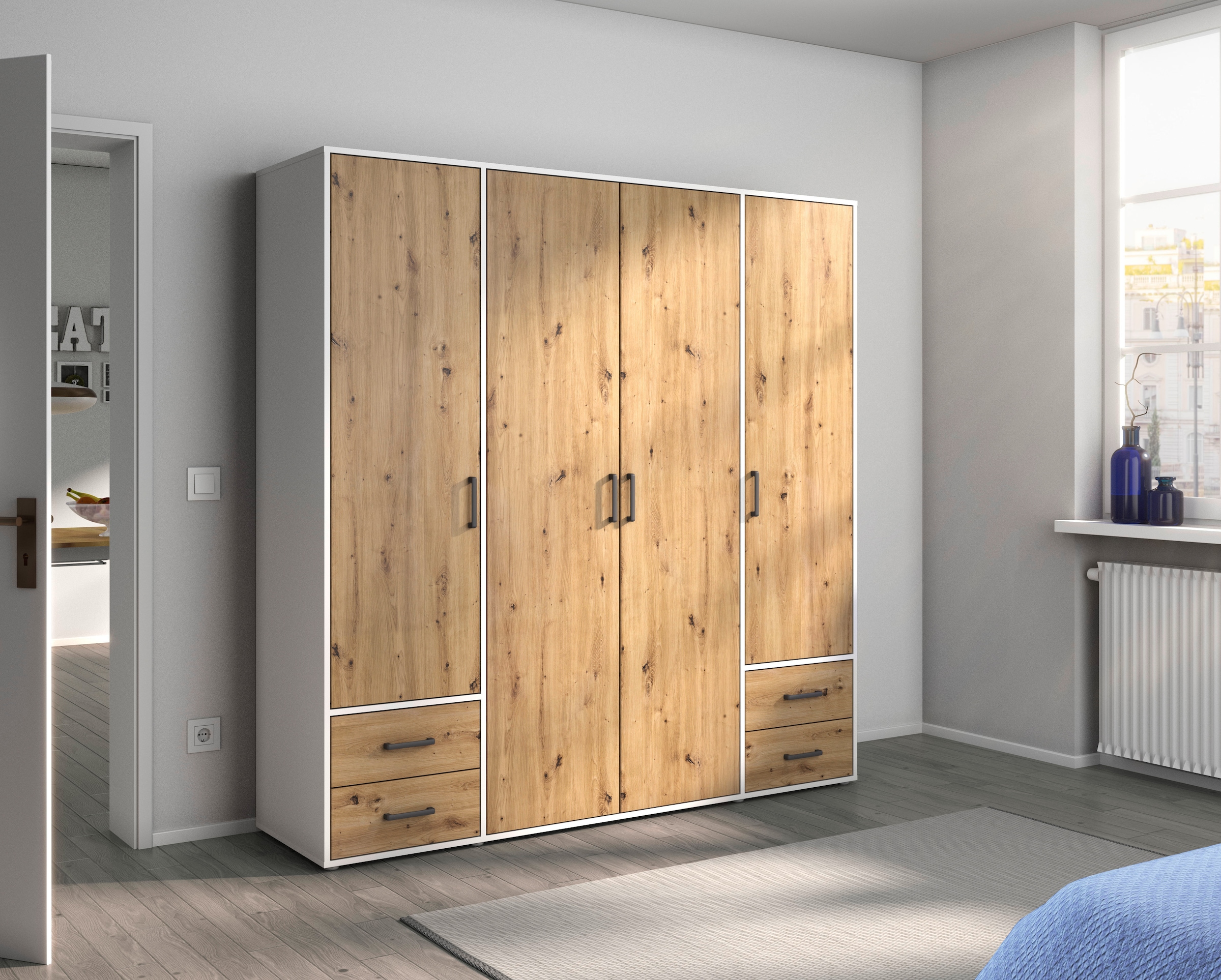 rauch Drehtürenschrank "Kleiderschrank Schrank Garderobe Wäscheschrank VOYAGER" in 3 verschiedenen Ausstattungen BASIC/CLASSIC/PREMIUM, mit 2 modernen Griffvarianten, mit Außenschubladen MADE IN GERMANY