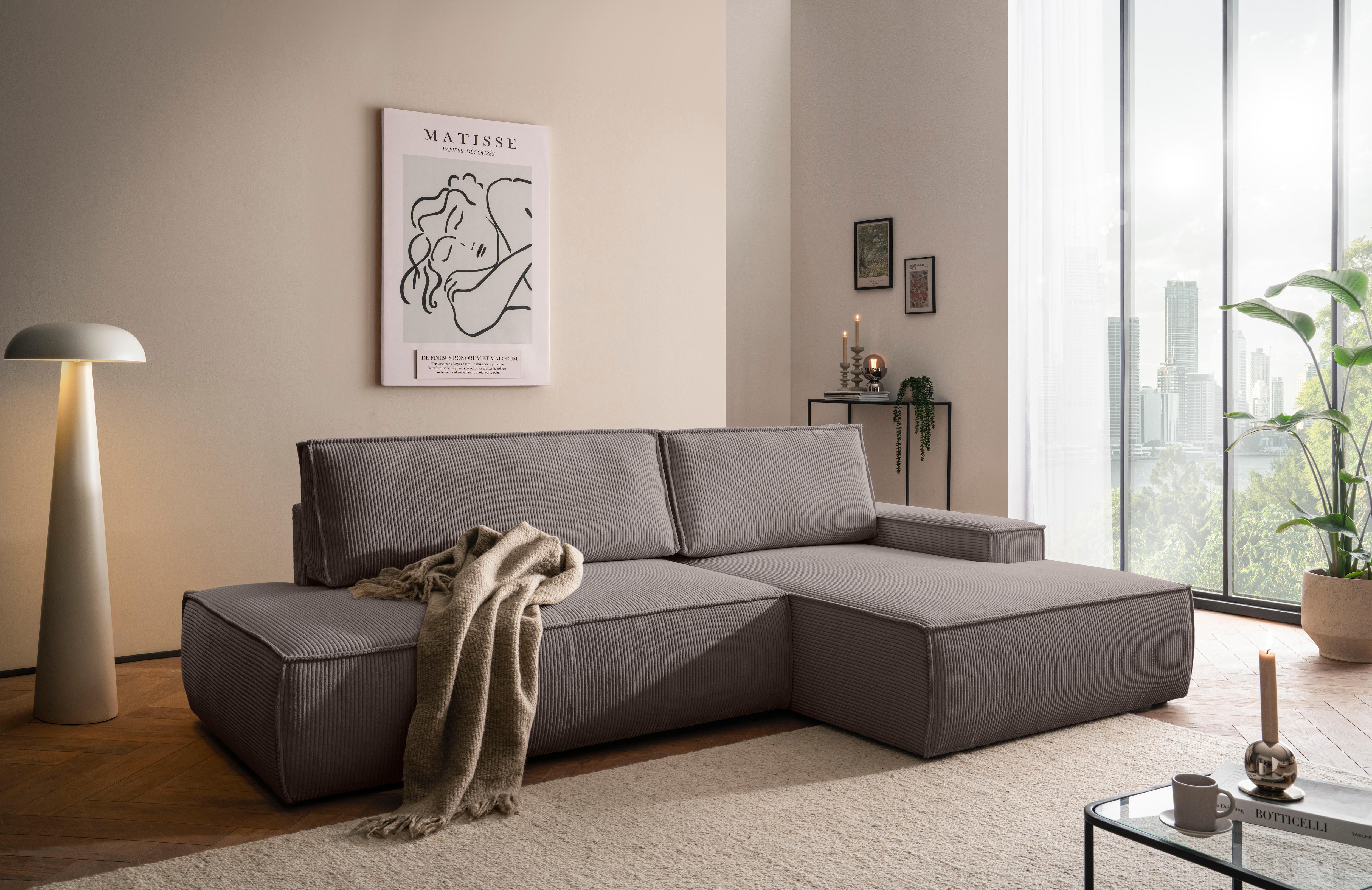 OTTO home Ecksofa "SHERWOOD Cord Schlafsofa in L-Form offen (275cm)" Schlaffunktion und Bettkasten, Kedernaht, hoher Sitz- & Liegekomfort