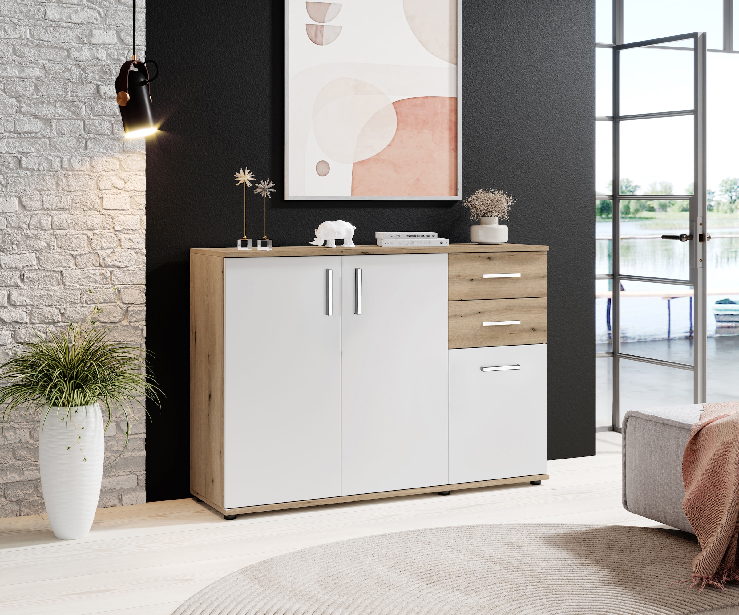 HBZ Kommode "BC-Drift-2, Sideboard Stellmaß BxHxT 120x84x35 cm", (1 St.), Kommode mit 3 Türen, 2 Schubkästen und 1 Einle