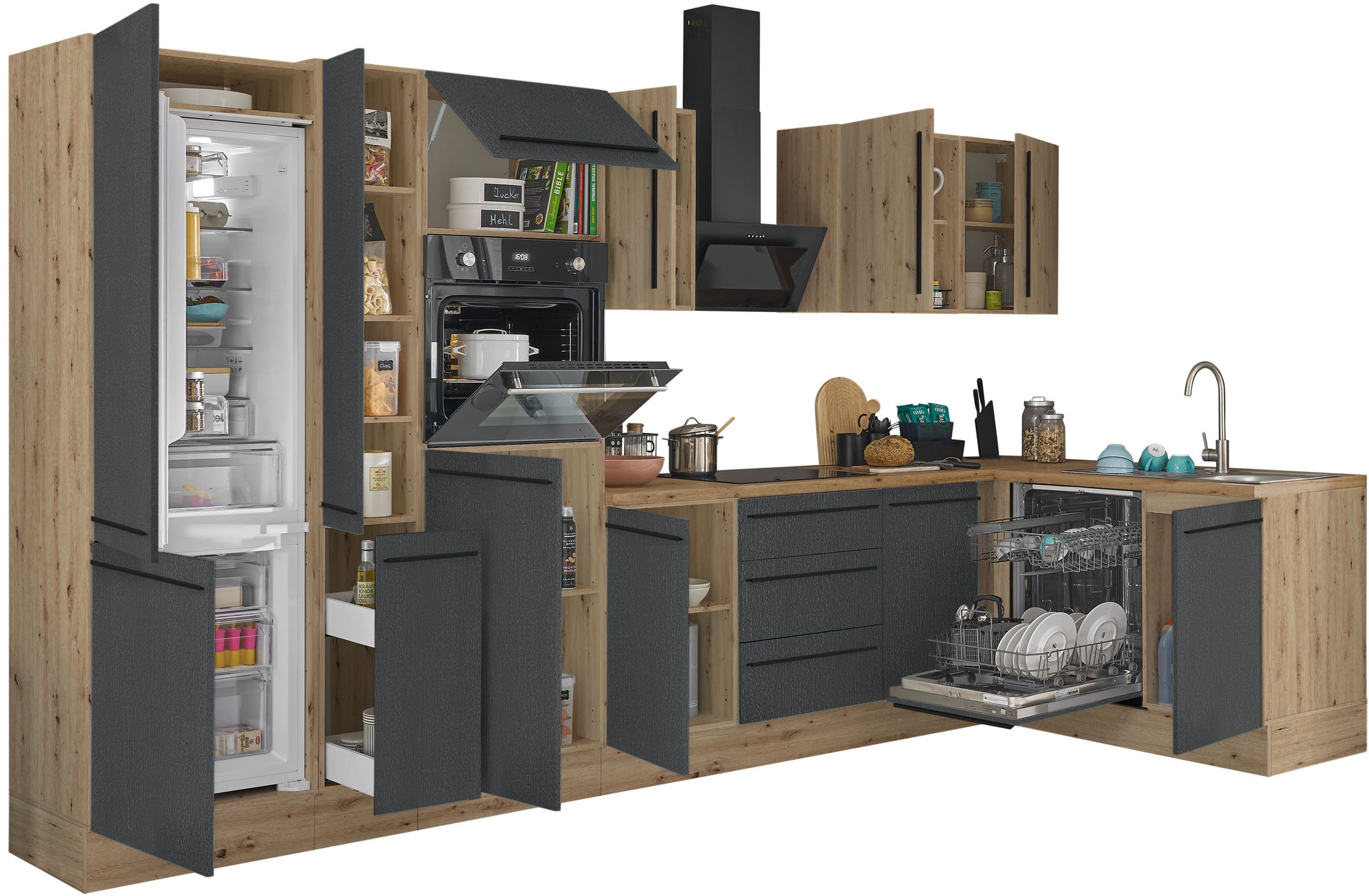 KOCHSTATION Winkelküche »Florida, Stellbreite 370x175 cm« wahlweise mit E-Geräten, mit Softclose für Türen und Schubkästen