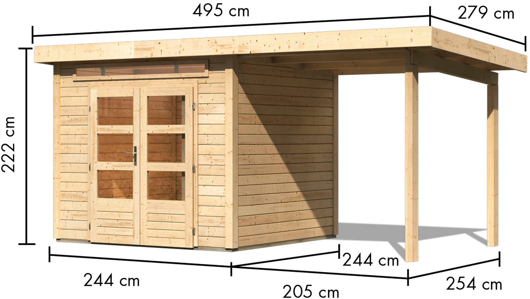 Karibu Gartenhaus »"Ammersee 3" SET mit Anbaudach 2,35m Breite«, naturbelassen oder terragrau