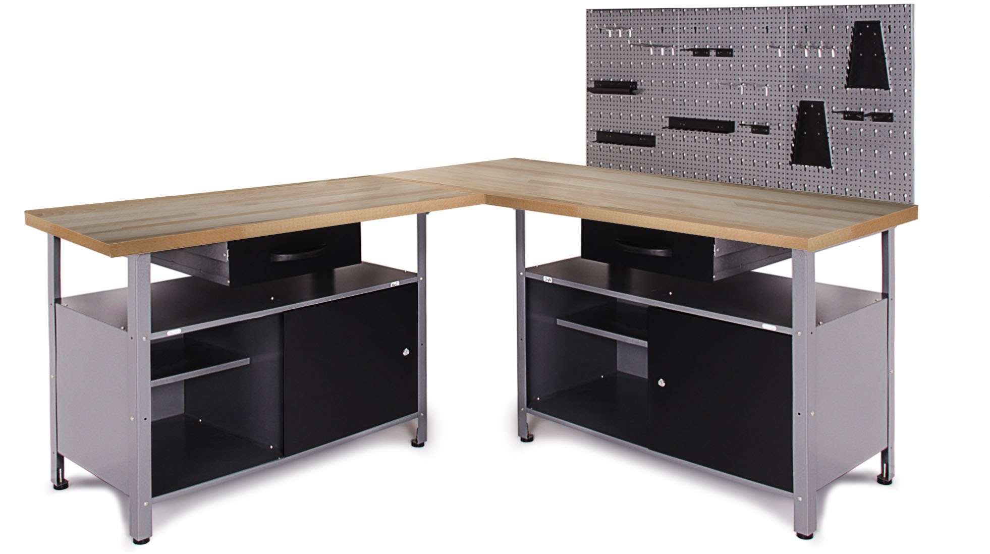 ONDIS24 Werkstatt-Set "Ecklösung »One«", B:180cm H:144cm T:180cm, grau, Werkbänke, Arbeitshöhe 85 cm - Buchen Arbeitsplatte 27 mm stark