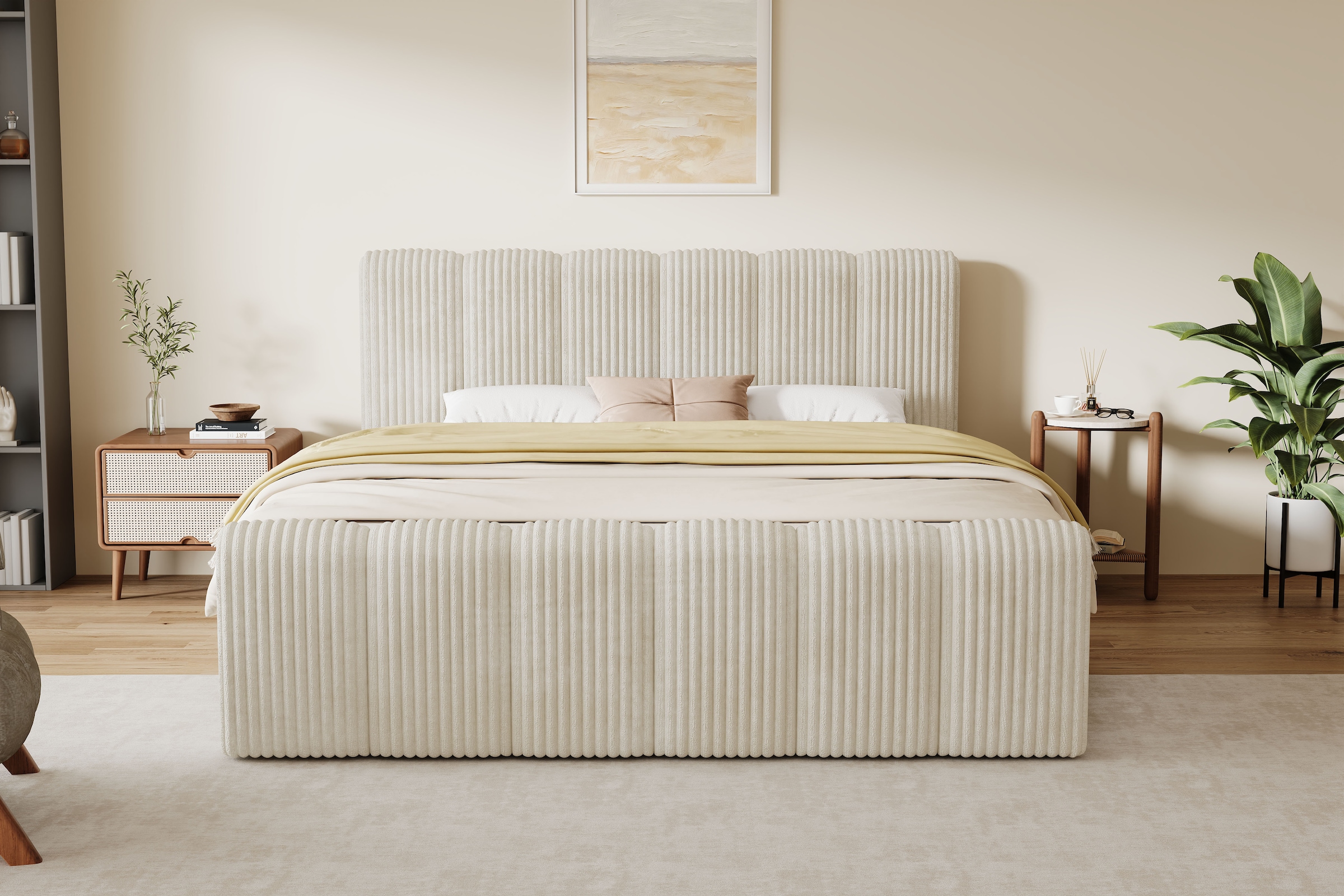OTTO home Boxbett »SIVVA in der Breite 180cm, flauschiger Breitcord, Farbe: cream« inkl. Taschenfederkernmatratze (H3) & Topper (4cm) & Fußteil