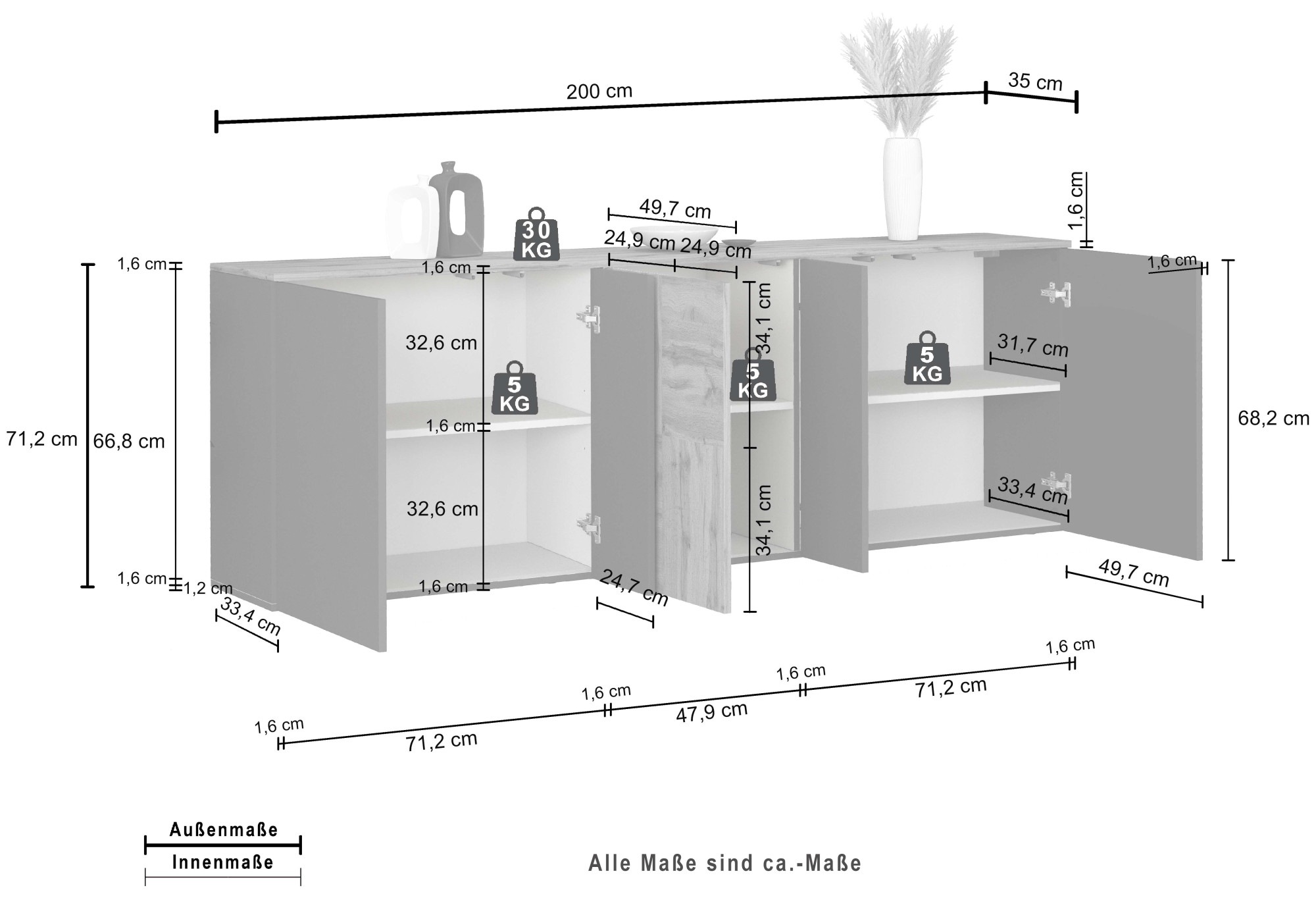 INOSIGN Sideboard »Sideboard ISEO, Kommode, Schrank, Kredenz« 1 Stk. tlg. stehend/hängend, 5 Türen, 6 Fächer, Breite 200 cm