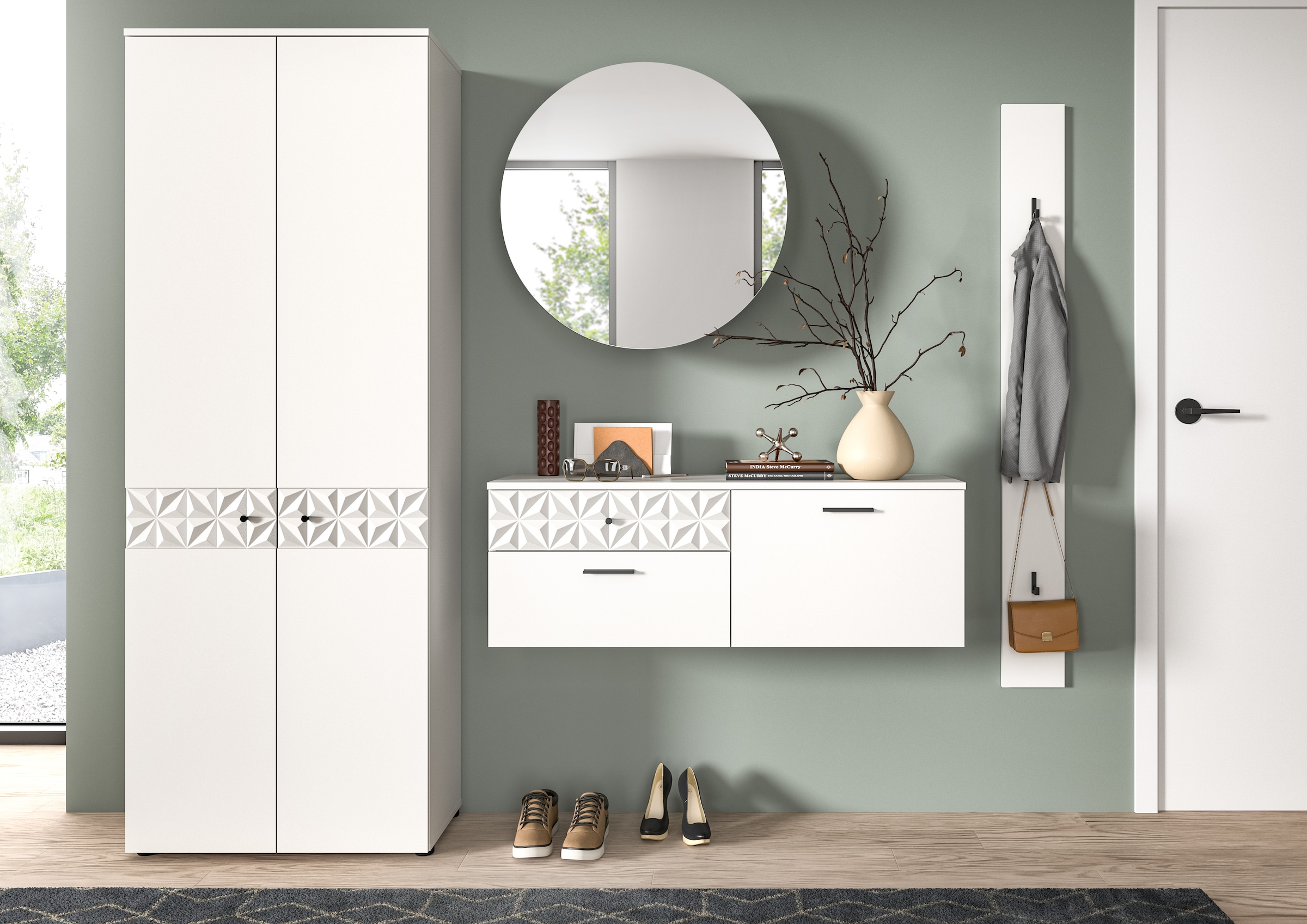 INOSIGN Garderoben-Set »VICENZA, 4-tlg., mit foraler Ornamentabsetzung in der Front«, (4 St.), best. aus.: Garderobenschrank, Schuhschrank, Spiegelschrank & Paneel