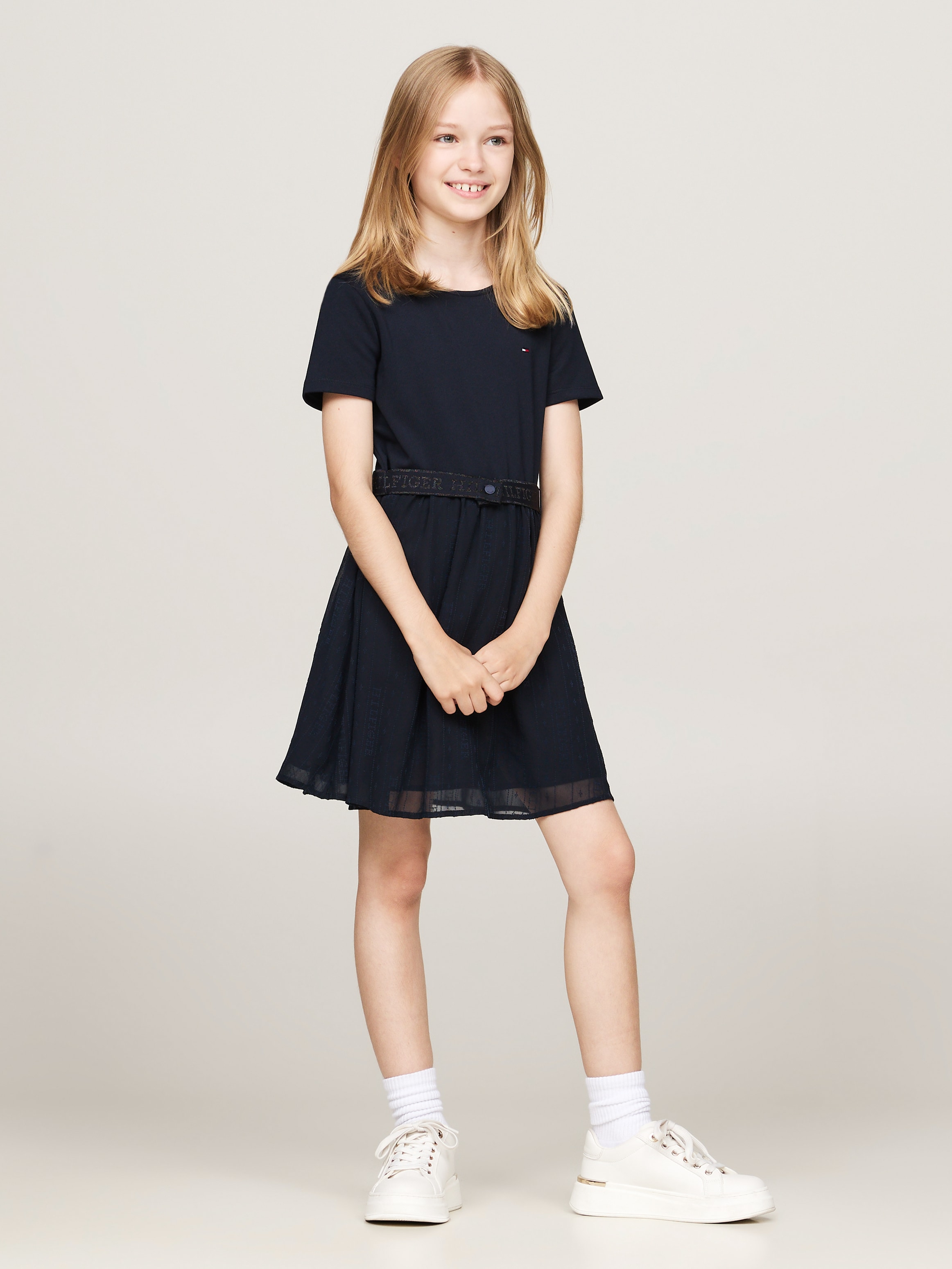 A-Linien-Kleid »HILFIGER PUNTO TULLE DRESS LS«, mit Logo auf Taillenbund