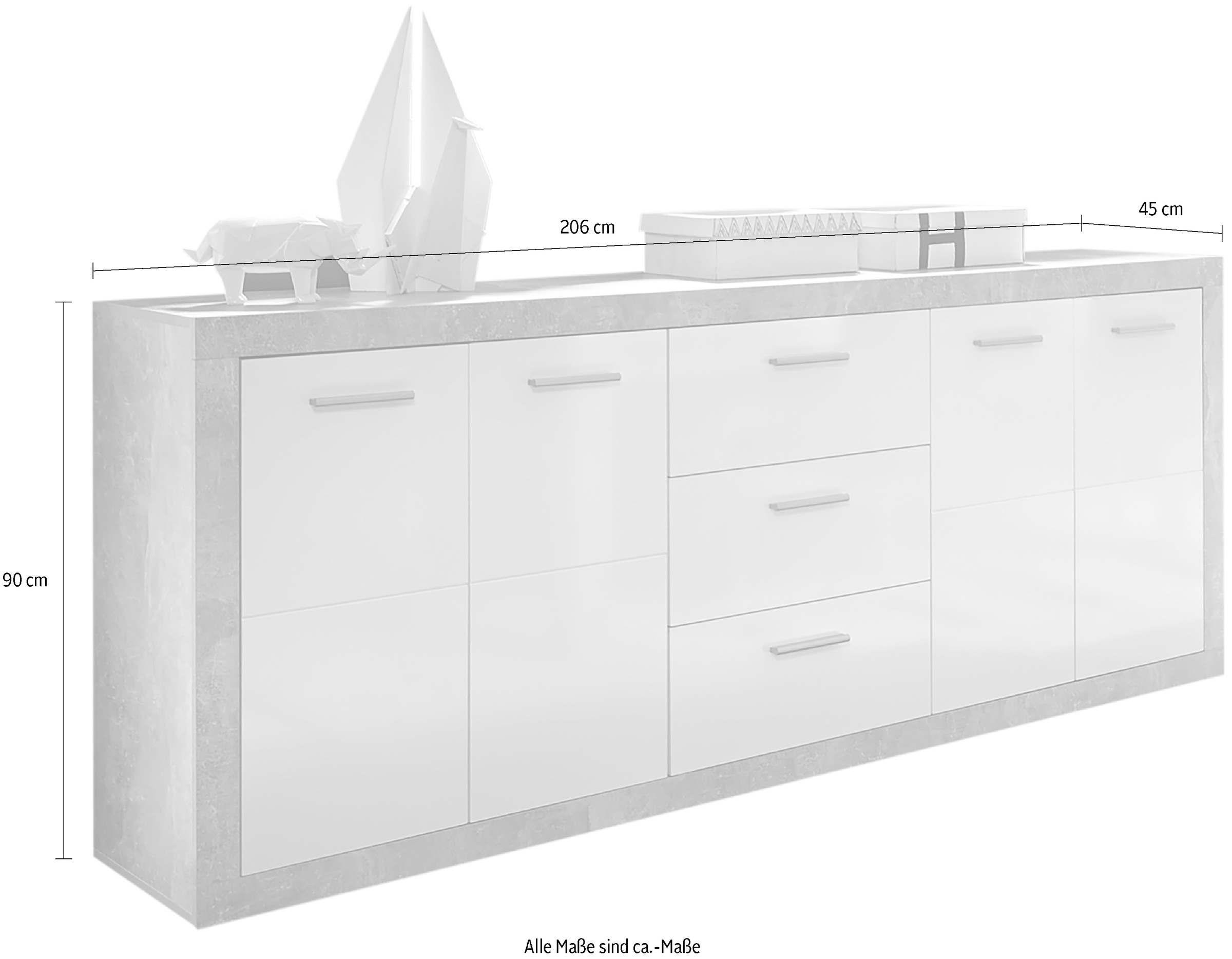 HBZ Sideboard »Stone weiß Hochglanz, Wohnzimmerschrank BxHxT 206x90x45 cm«, (1 St.), Mit 4 Türen, 3 geräumigen Schubkästen, 2 Einlegeböden verstellbar