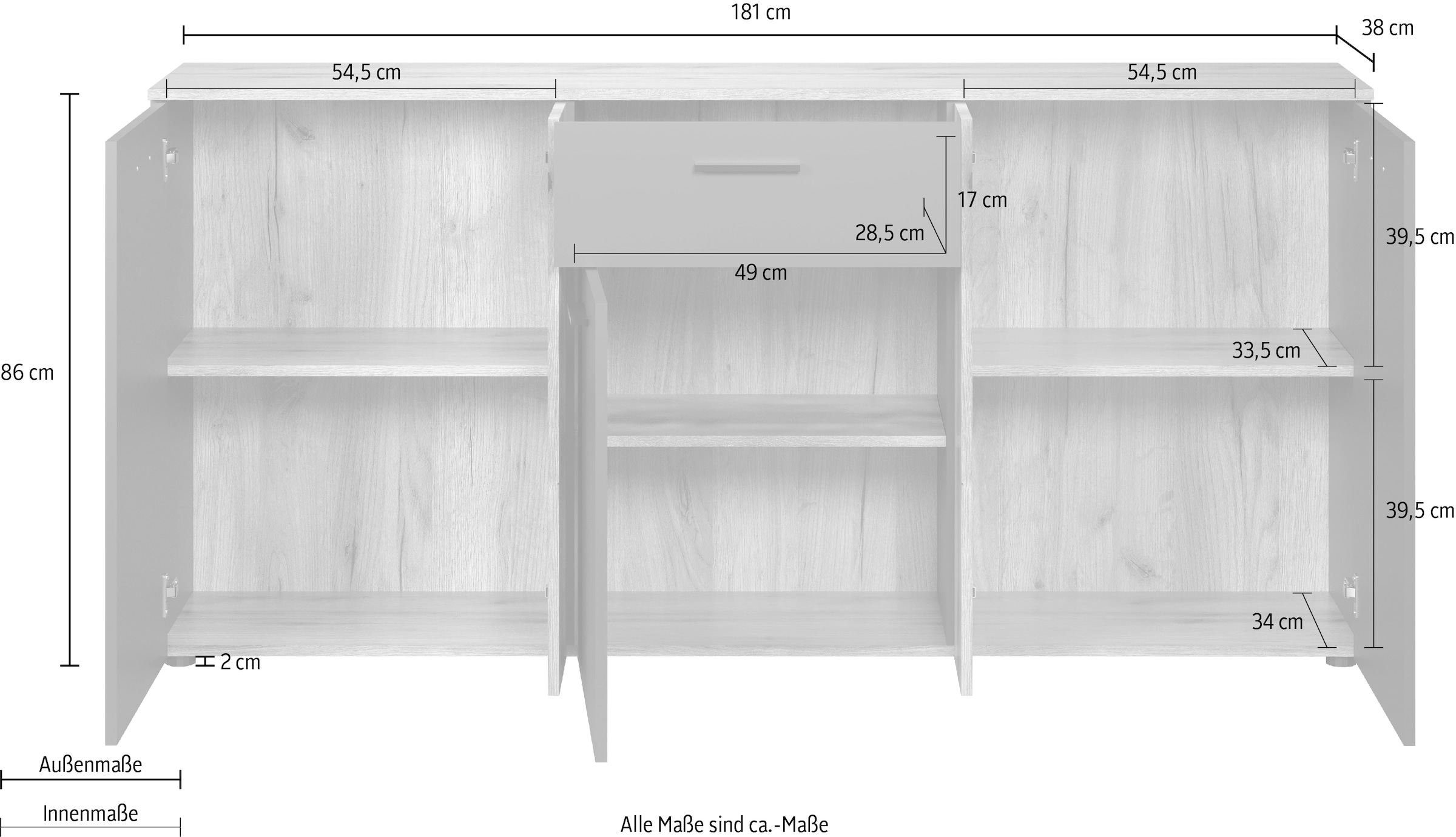 INOSIGN Kommode »Estepona«, Sideboard mit anpassbaren Türen mit Rillen-Optik