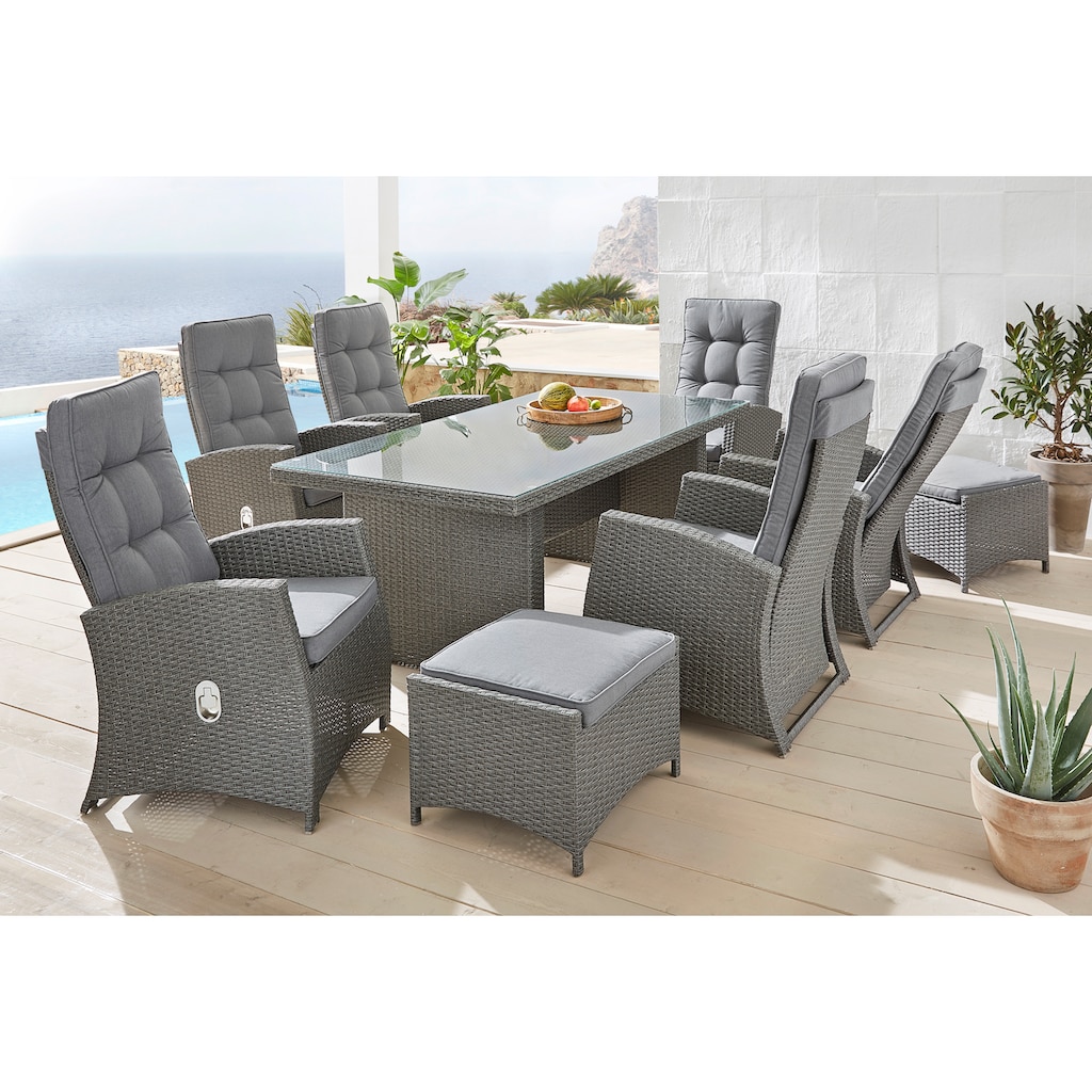 KONIFERA Garten-Essgruppe »Monaco«, (Set, 17 tlg., 6x Sessel, 2x Hocker, 1x Tisch 200x100x74cm, inkl. Auflagen)